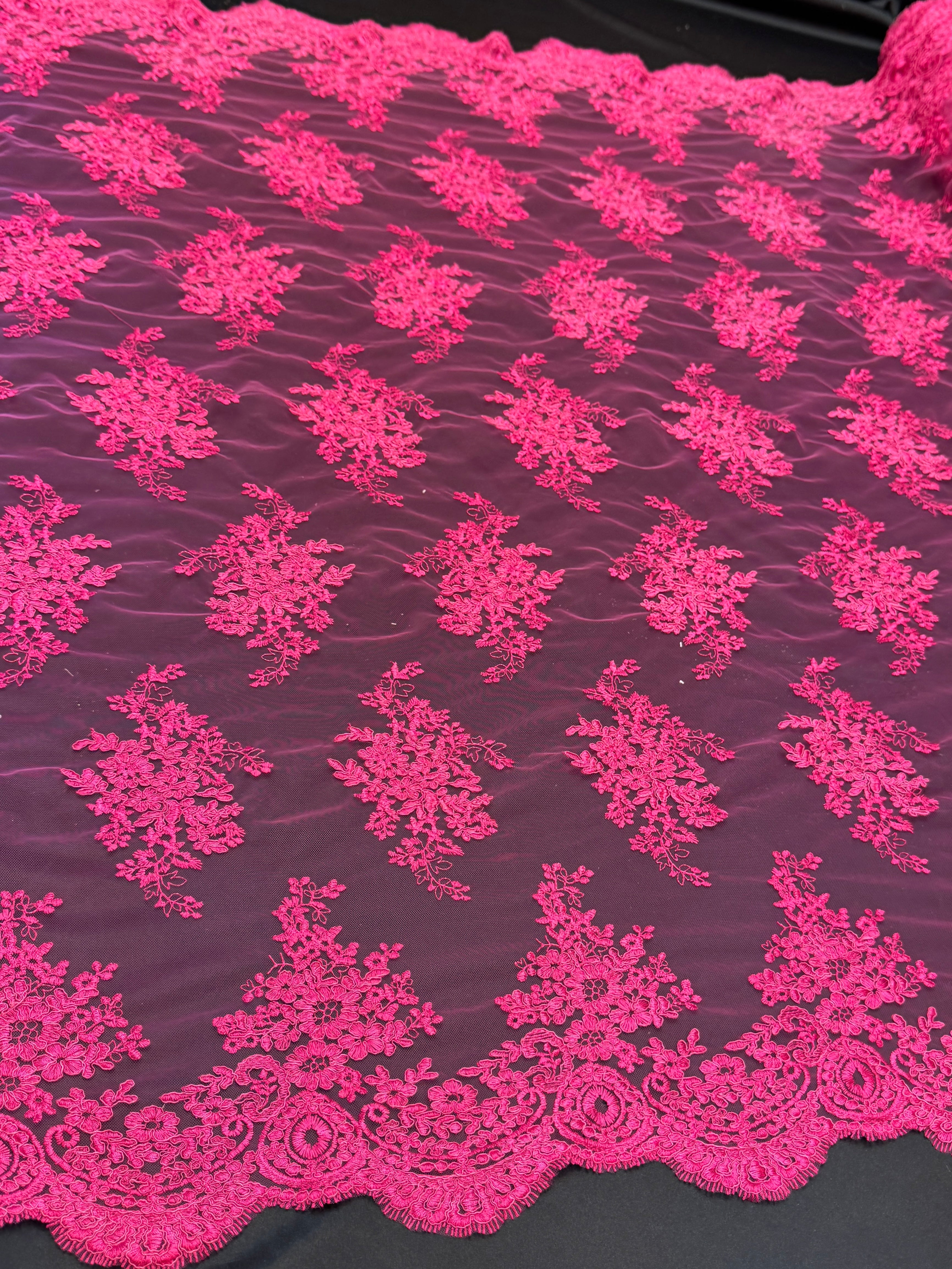 Fuchsia Fleur Scalloped Lace Mesh, Scalloped Lace Fabric, Fleur Lace Fabric, Embroidered Lace Mesh, Sheer Lace Fabric, Floral Mesh Fabric, Bridal Lace Fabric