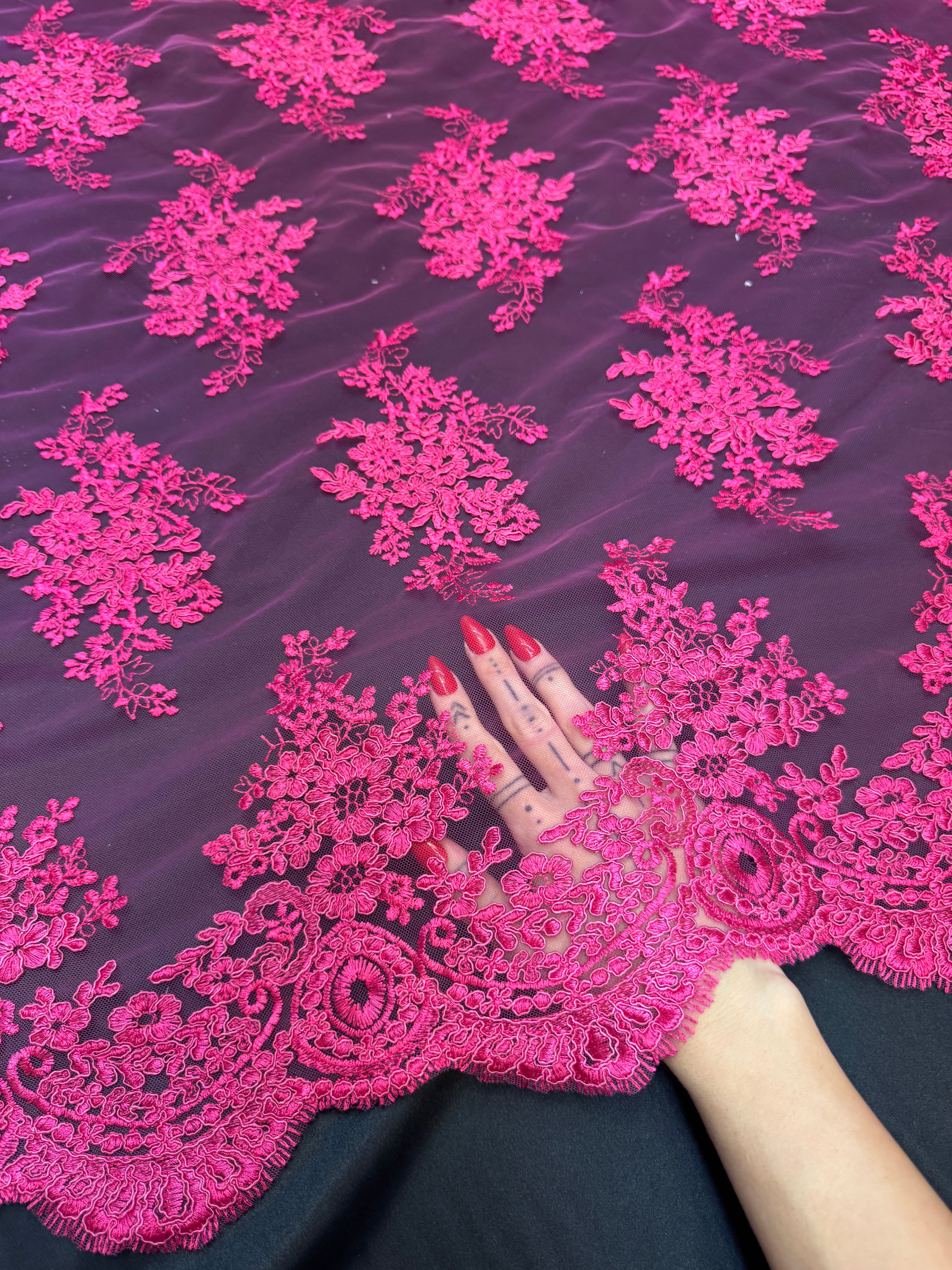 Fuchsia Fleur Scalloped Lace Mesh, Kiki Sewing Store, Kiki Luxury Fabric, Cheap Fabric Store, Kiki Textiles, Kiki Textile by the Yard, Kiki Textile USA