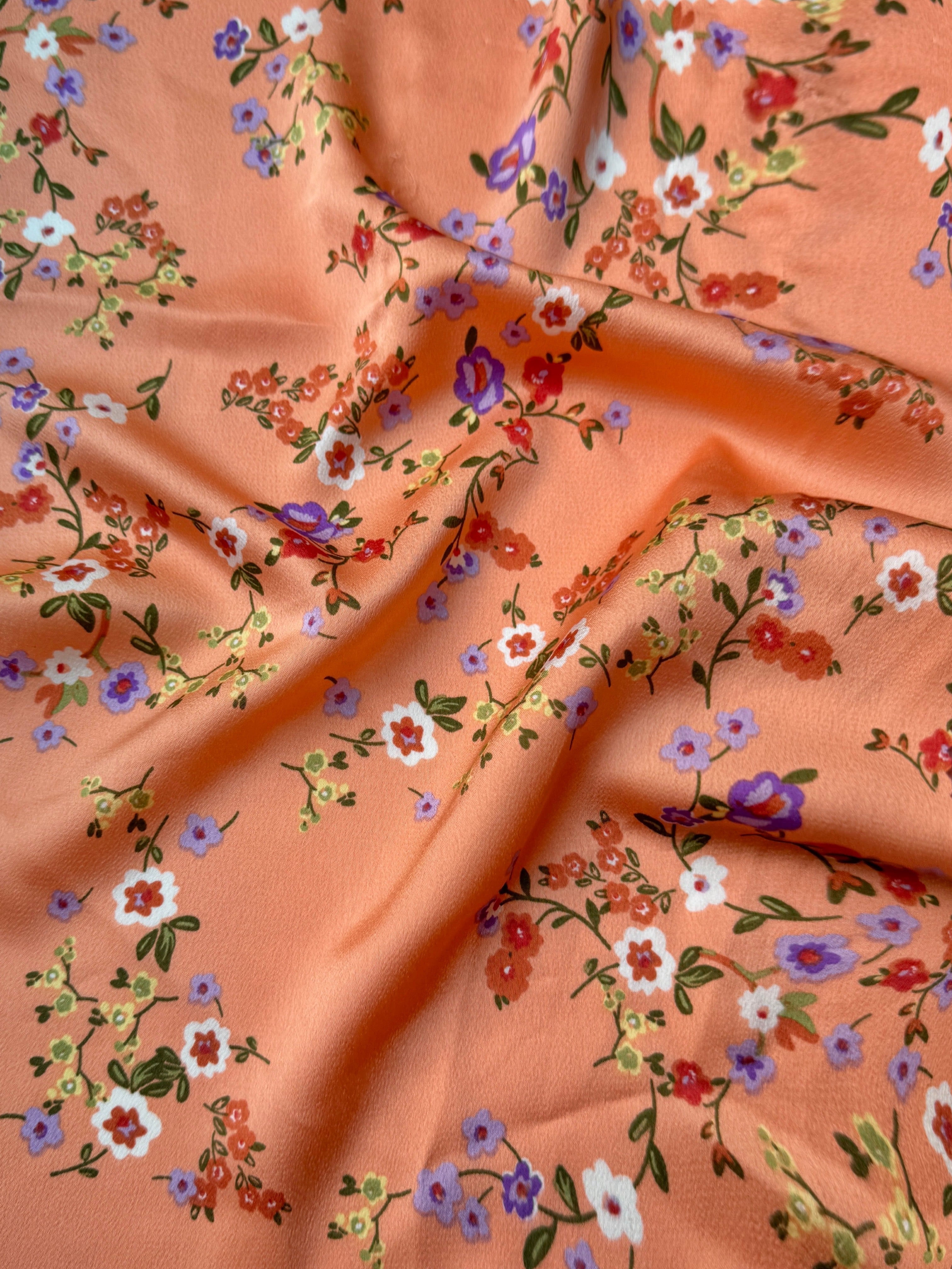 orange Floral Print Satin, light orange floral print Satin, rose Printed Satin, best quality Printed Satin, Printed Satin for bridal wear, Printed Satin for party wear, Printed Satin in low price, premium Printed Satin