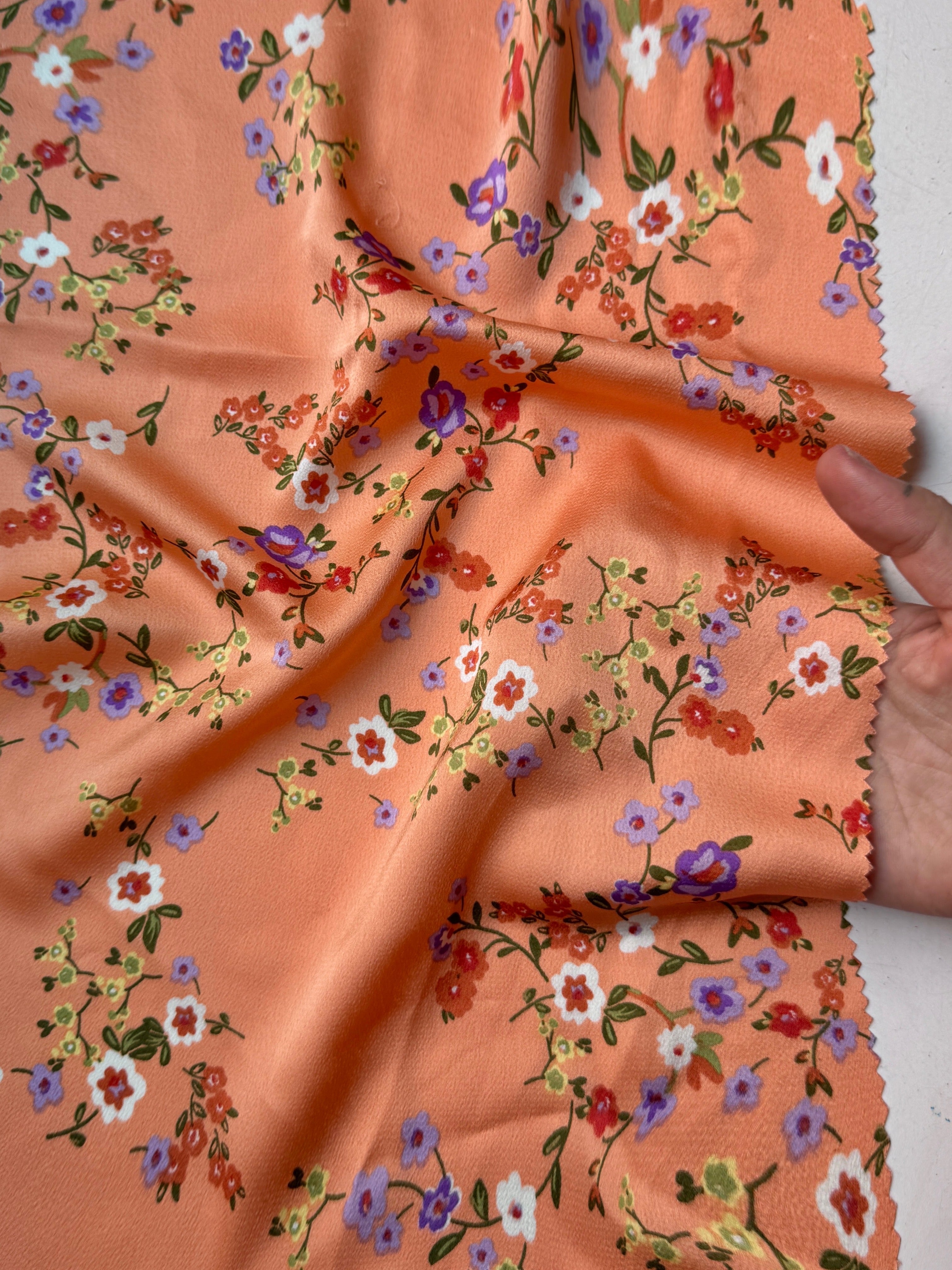 orange Floral Print Satin, light orange floral print Satin, rose Printed Satin, best quality Printed Satin, Printed Satin for bridal wear, Printed Satin for party wear, Printed Satin in low price, premium Printed Satin