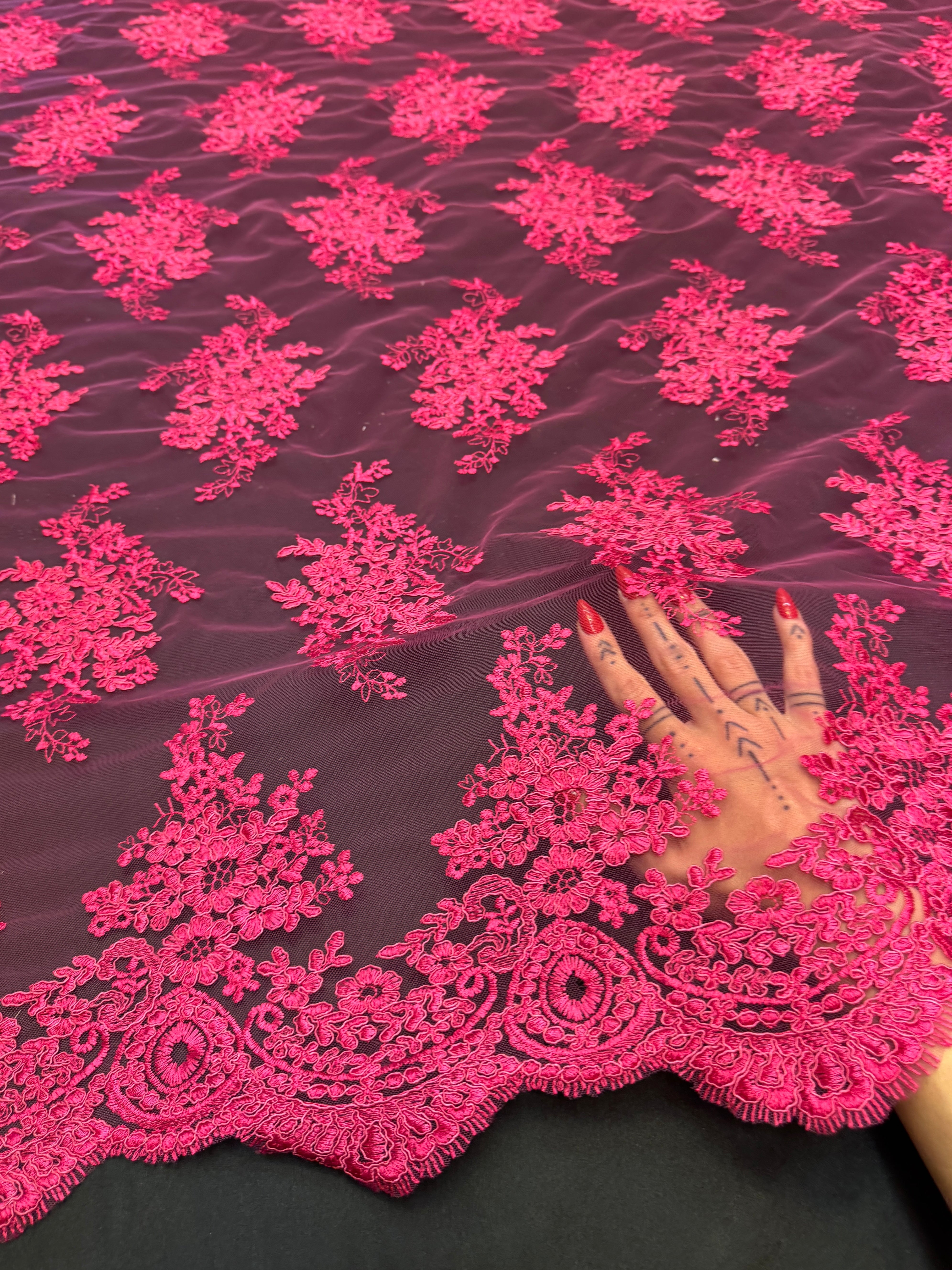Fuchsia Fleur Scalloped Lace Mesh, Kiki Sewing Store, Kiki Luxury Fabric, Cheap Fabric Store, Kiki Textiles, Kiki Textile by the Yard, Kiki Textile USA