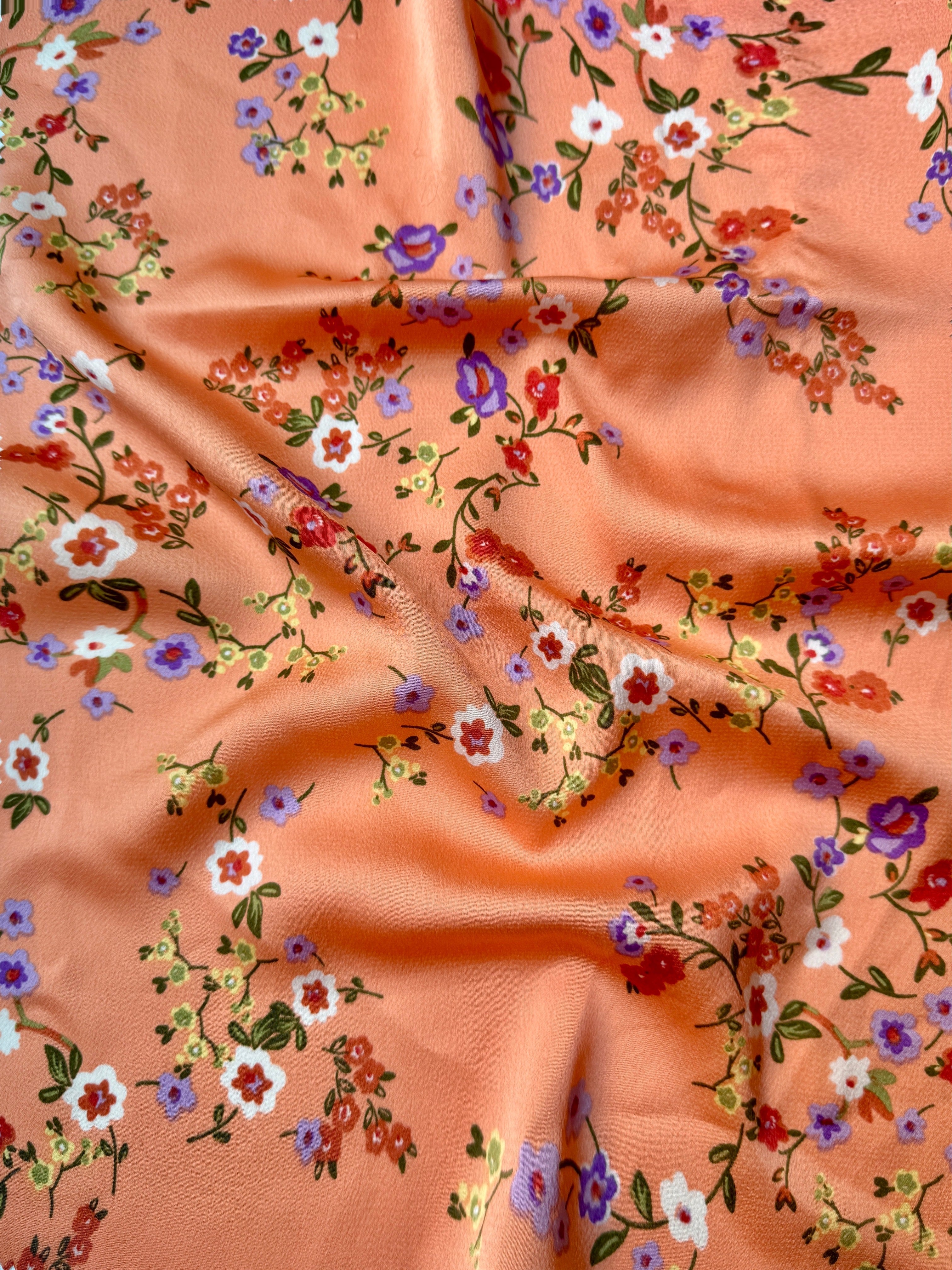 orange Floral Print Satin, light orange floral print Satin, rose Printed Satin, best quality Printed Satin, Printed Satin for bridal wear, Printed Satin for party wear, Printed Satin in low price, premium Printed Satin