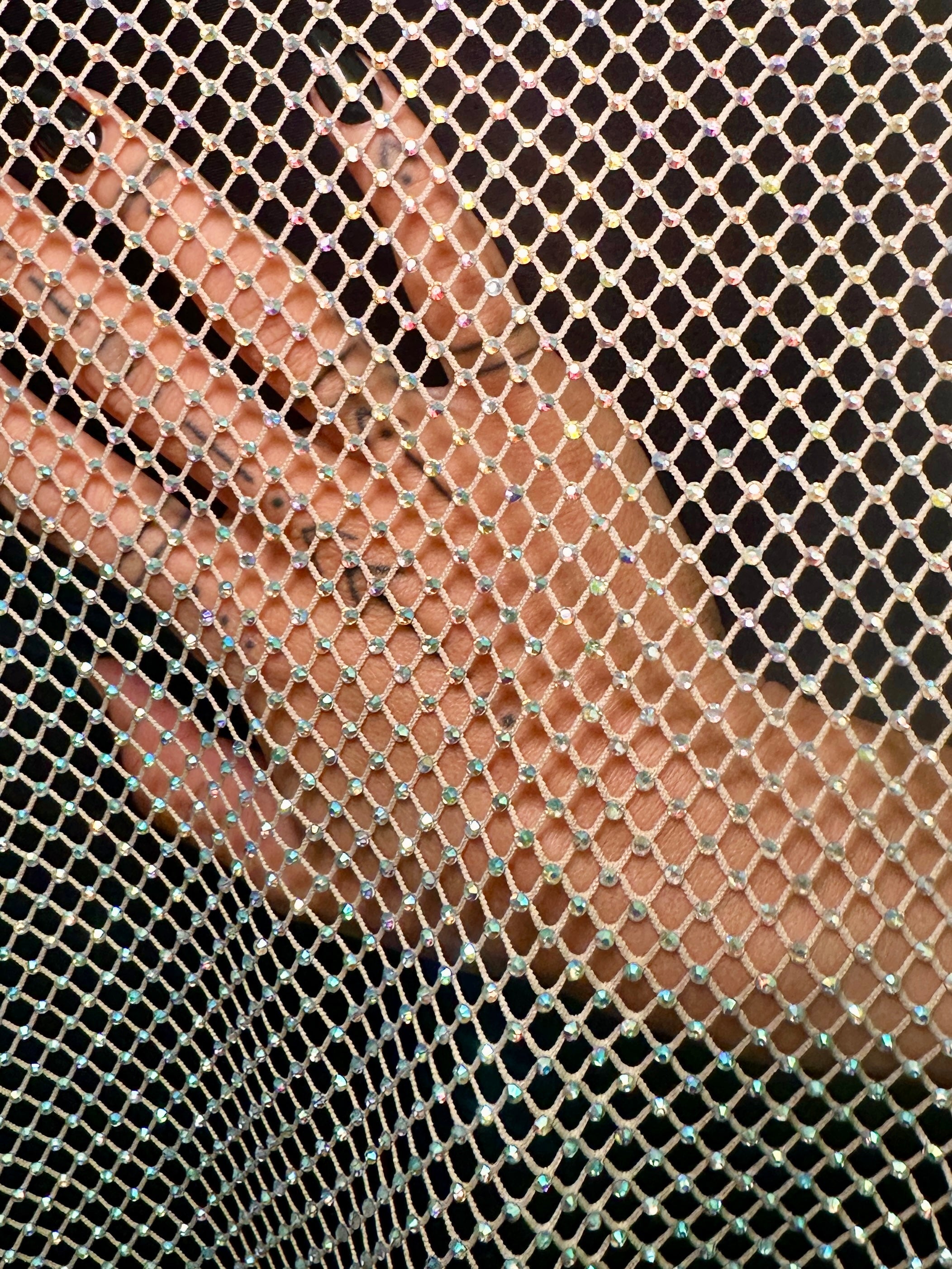 Champagne Rhinestone Diamond Fishnet Mesh, Fabric Store, Sewing Store, Cheap Fabric Store, Kiki Textiles, Textile by the Yard