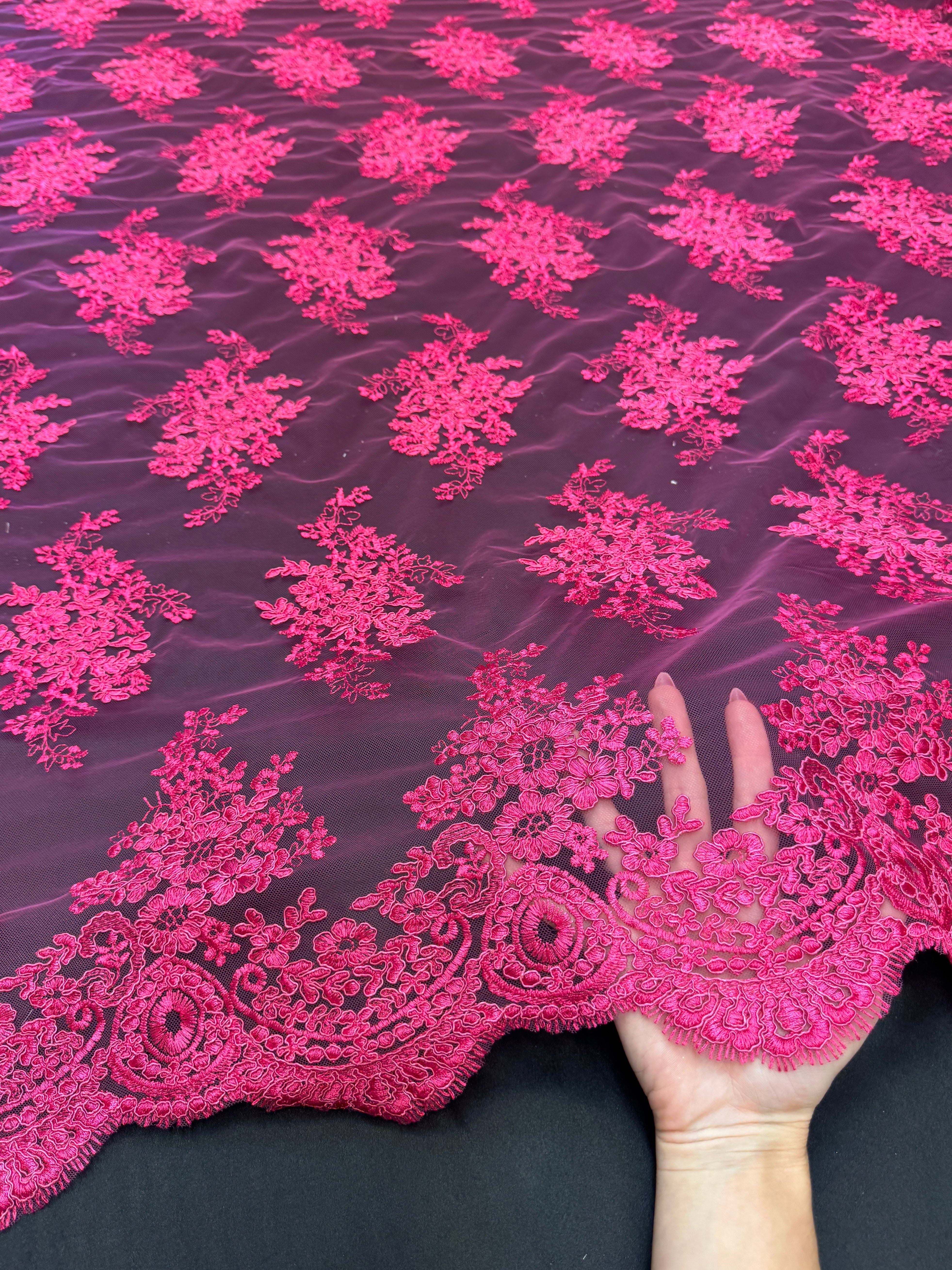 Fuchsia Fleur Scalloped Lace Mesh, Scalloped Lace Fabric, Fleur Lace Fabric, Embroidered Lace Mesh, Sheer Lace Fabric, Floral Mesh Fabric, Bridal Lace Fabric