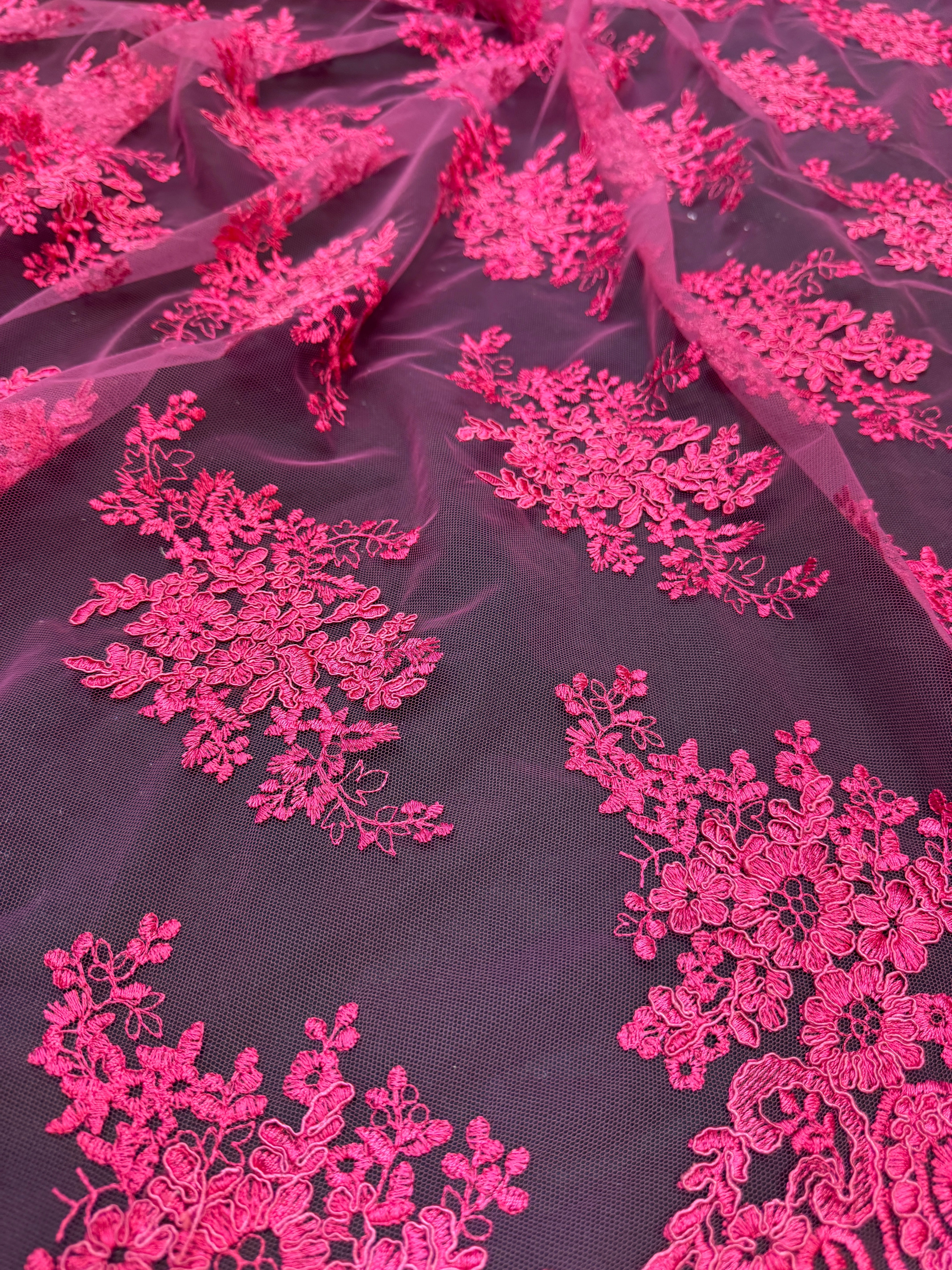 Fuchsia Fleur Scalloped Lace Mesh, Scalloped Lace Fabric, Fleur Lace Fabric, Embroidered Lace Mesh, Sheer Lace Fabric, Floral Mesh Fabric, Bridal Lace Fabric