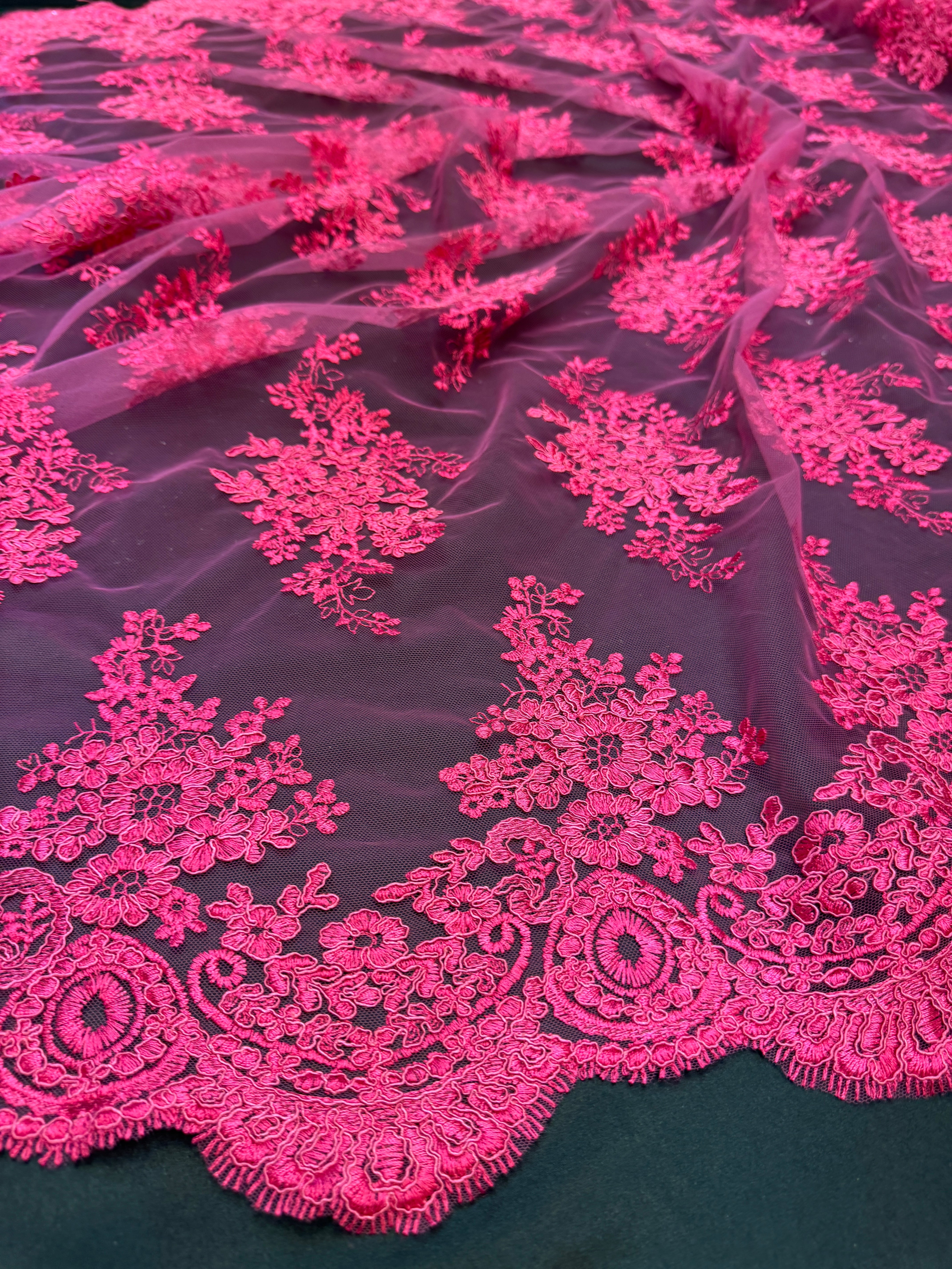 Fuchsia Fleur Scalloped Lace Mesh, Scalloped Lace Fabric, Fleur Lace Fabric, Embroidered Lace Mesh, Sheer Lace Fabric, Floral Mesh Fabric, Bridal Lace Fabric