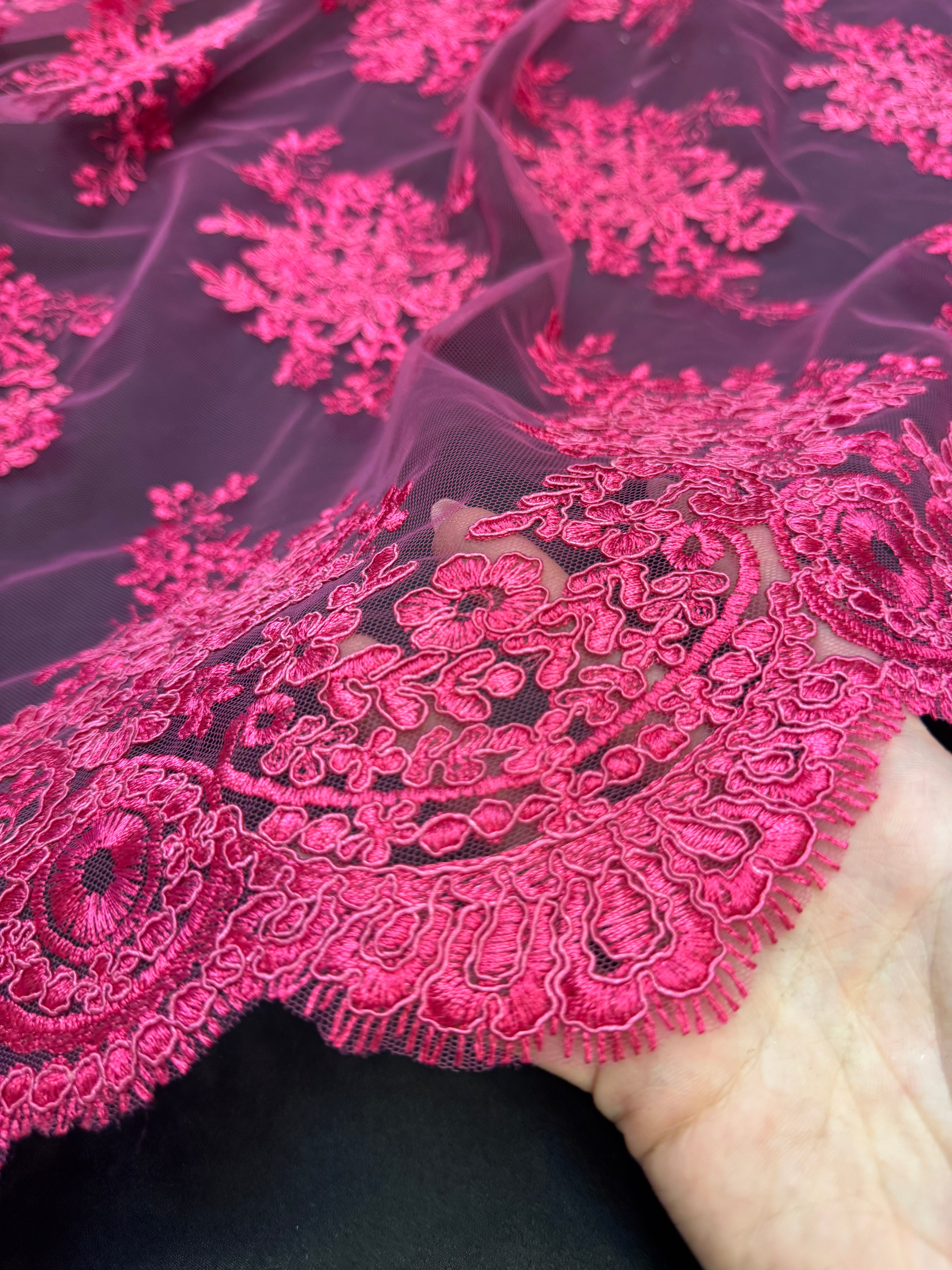 Fuchsia Fleur Scalloped Lace Mesh, Kiki Sewing Store, Kiki Luxury Fabric, Cheap Fabric Store, Kiki Textiles, Kiki Textile by the Yard, Kiki Textile USA