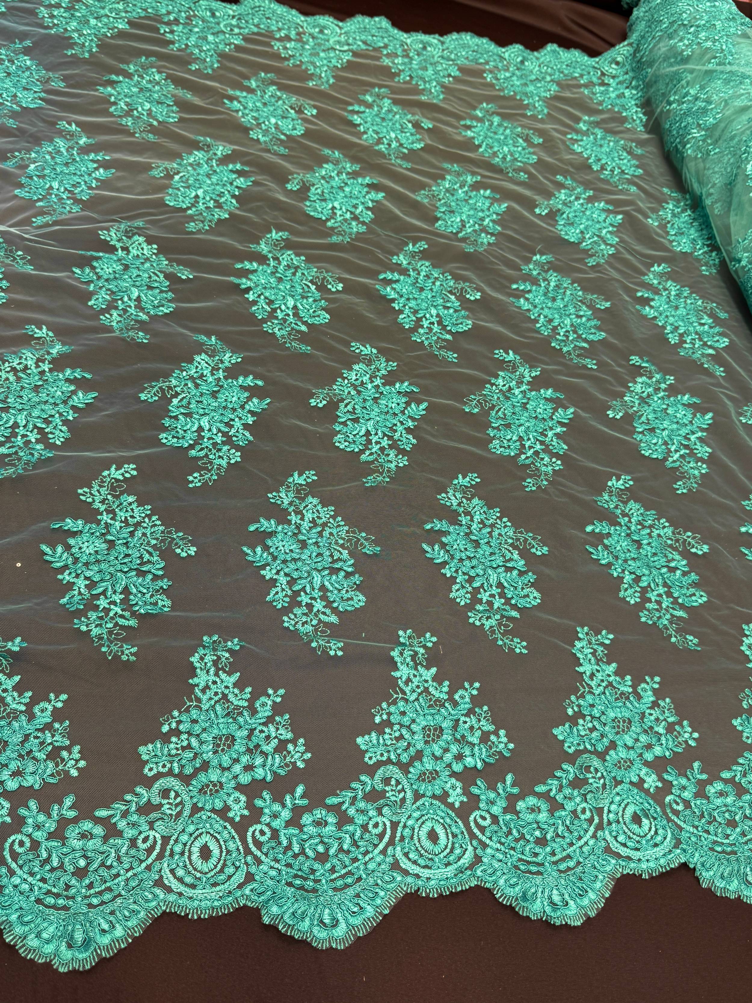 Lagoon Emerald Fleur Scalloped Lace Mesh, Scalloped Lace Fabric, Fleur Lace Fabric, Embroidered Lace Mesh, Sheer Lace Fabric, Floral Mesh Fabric, Bridal Lace Fabric