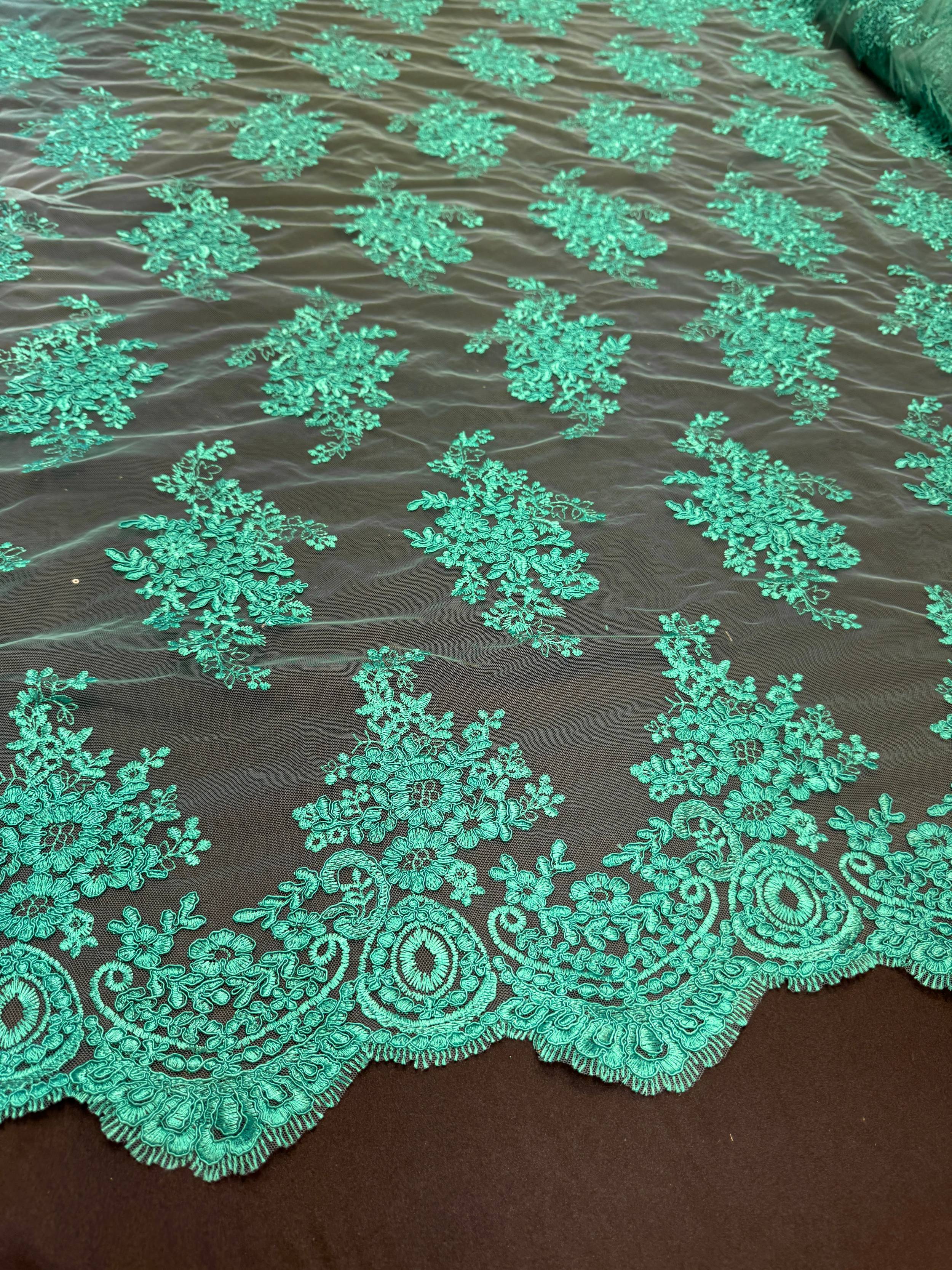 Lagoon Emerald Fleur Scalloped Lace Mesh, Scalloped Lace Fabric, Fleur Lace Fabric, Embroidered Lace Mesh, Sheer Lace Fabric, Floral Mesh Fabric, Bridal Lace Fabric