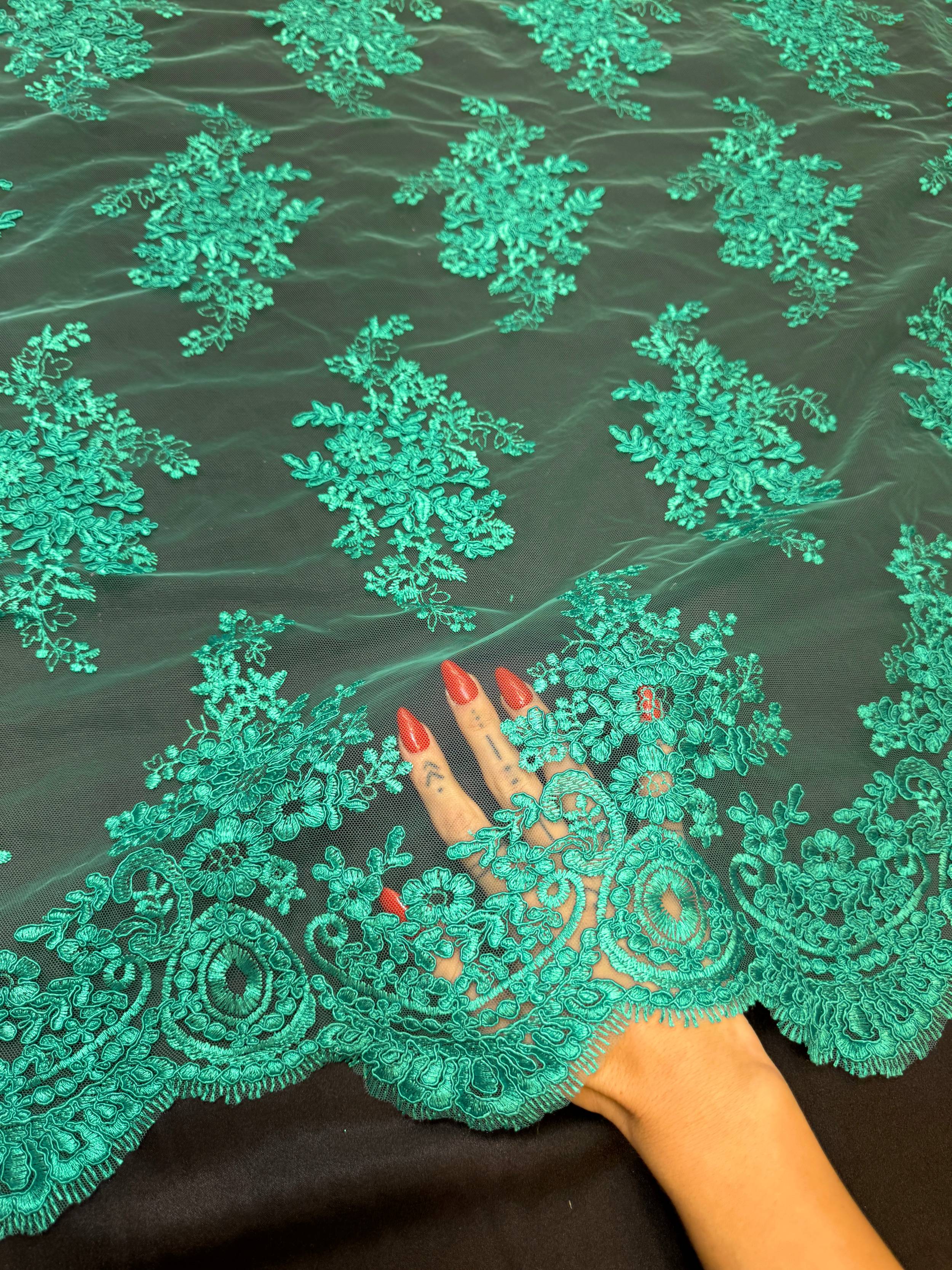 Lagoon Emerald Fleur Scalloped Lace Mesh, Scalloped Lace Fabric, Fleur Lace Fabric, Embroidered Lace Mesh, Sheer Lace Fabric, Floral Mesh Fabric, Bridal Lace Fabric
