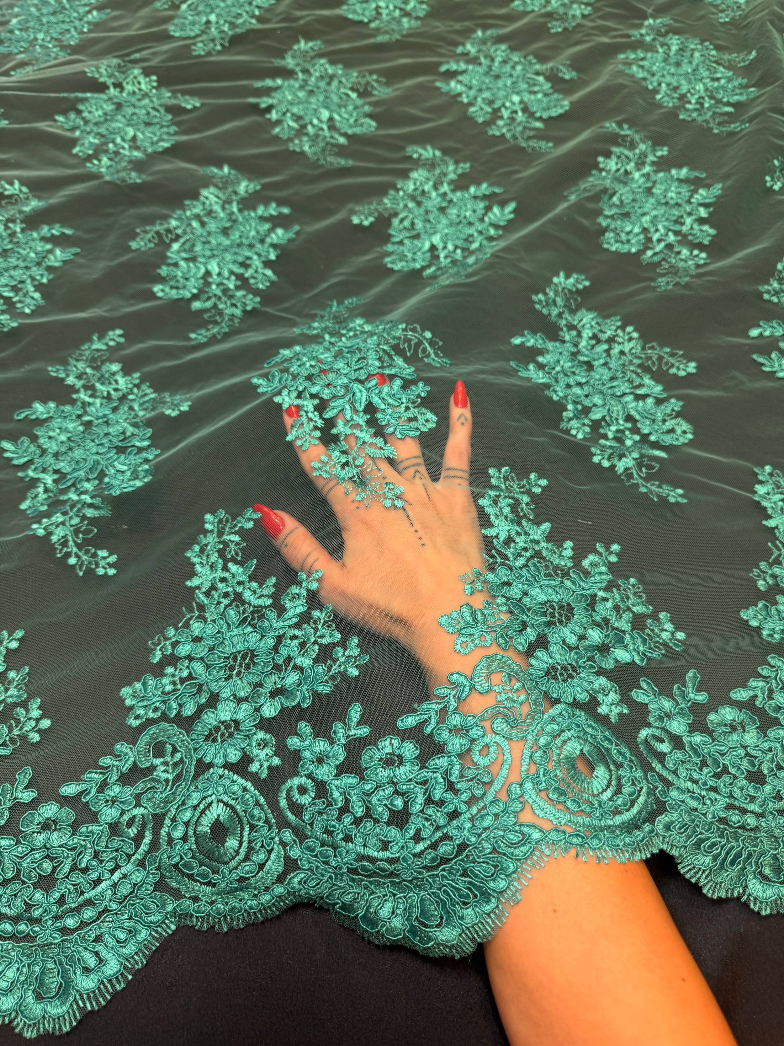 Lagoon Emerald Fleur Scalloped Lace Mesh, Kiki Sewing Store, Kiki Luxury Fabric, Cheap Fabric Store, Kiki Textiles, Kiki Textile by the Yard, Kiki Textile USA