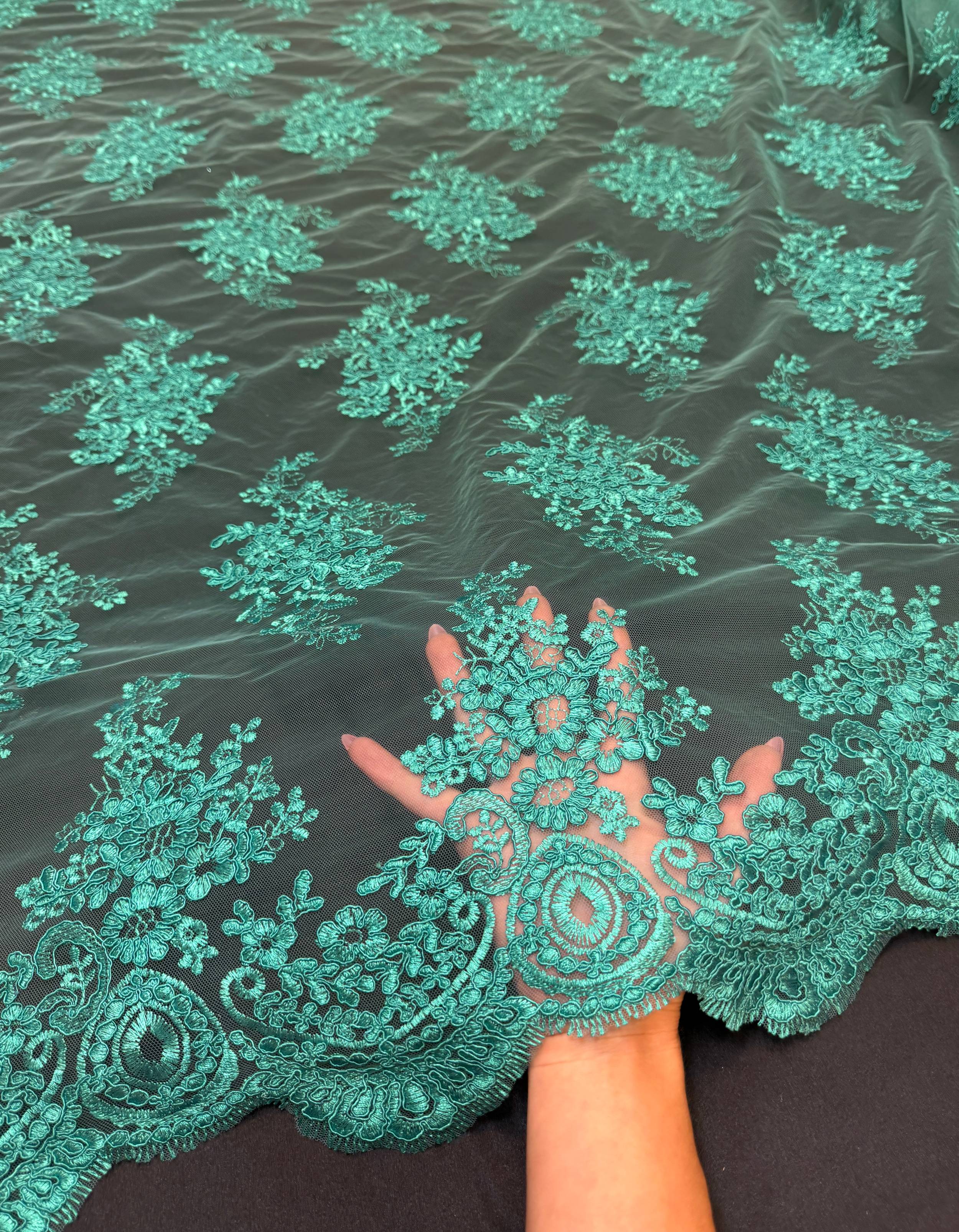 Lagoon Emerald Fleur Scalloped Lace Mesh, Kiki Sewing Store, Kiki Luxury Fabric, Cheap Fabric Store, Kiki Textiles, Kiki Textile by the Yard, Kiki Textile USA