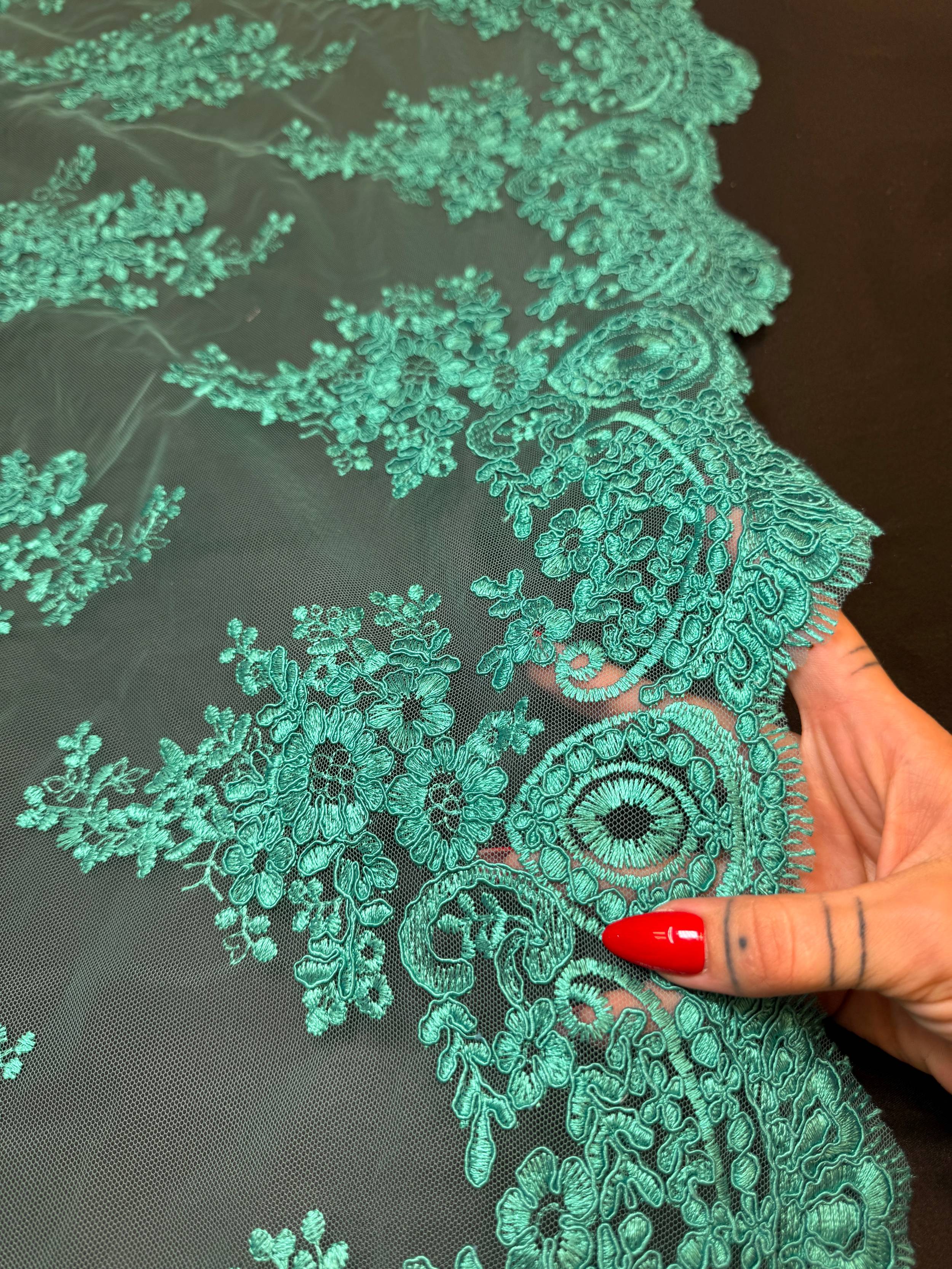 Lagoon Emerald Fleur Scalloped Lace Mesh, Kiki Sewing Store, Kiki Luxury Fabric, Cheap Fabric Store, Kiki Textiles, Kiki Textile by the Yard, Kiki Textile USA