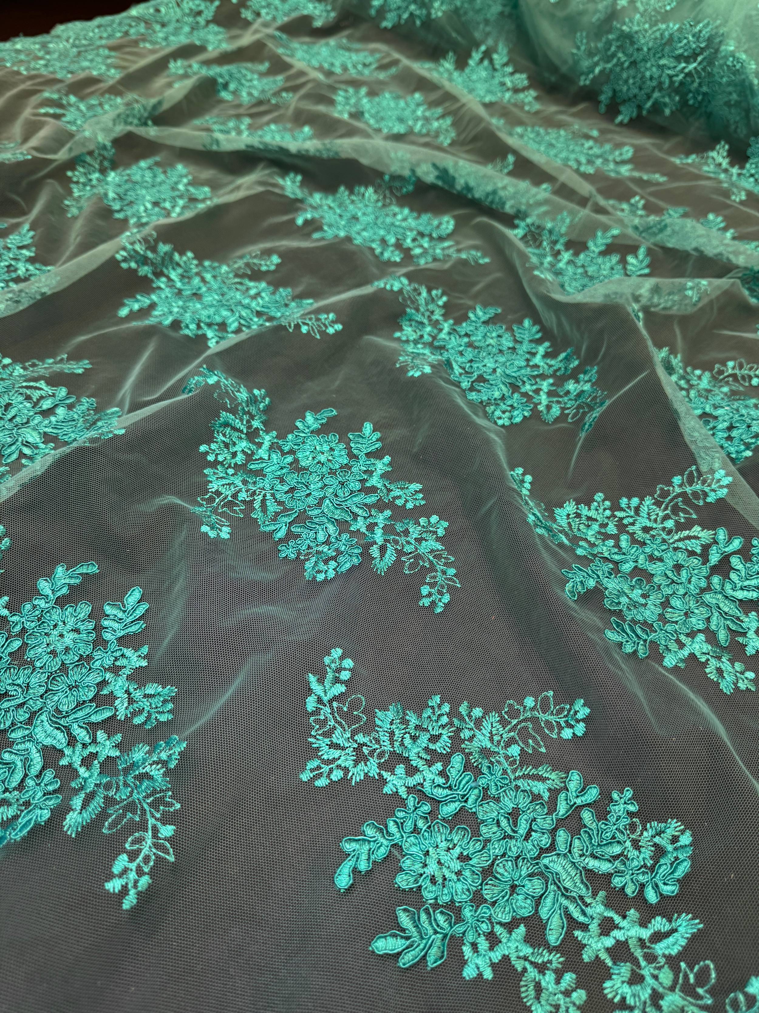 Lagoon Emerald Fleur Scalloped Lace Mesh, Scalloped Lace Fabric, Fleur Lace Fabric, Embroidered Lace Mesh, Sheer Lace Fabric, Floral Mesh Fabric, Bridal Lace Fabric