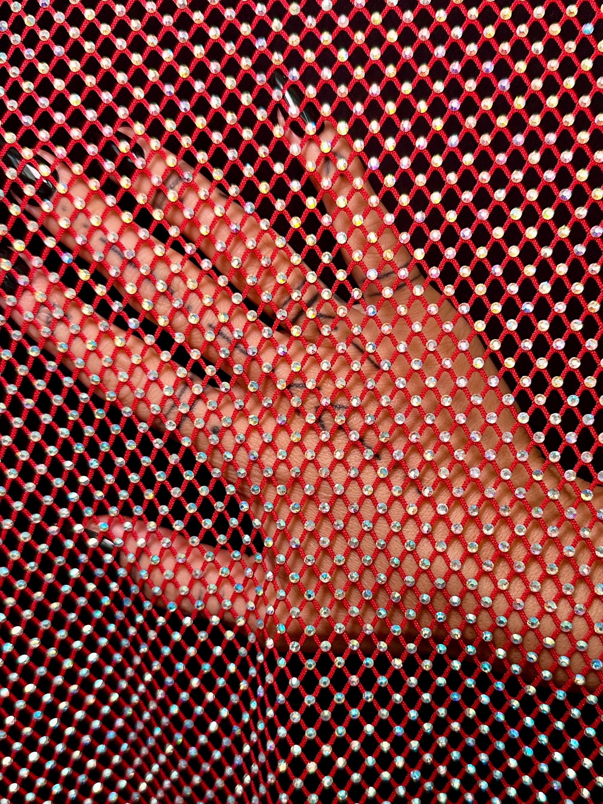 Red Rhinestone Diamond Fishnet Mesh, Rhinestone Fishnet Mesh, Mesh on Sale, Rhinestone on Mesh, Womens Rhinestone Mesh, Fancy Fishnet Mesh