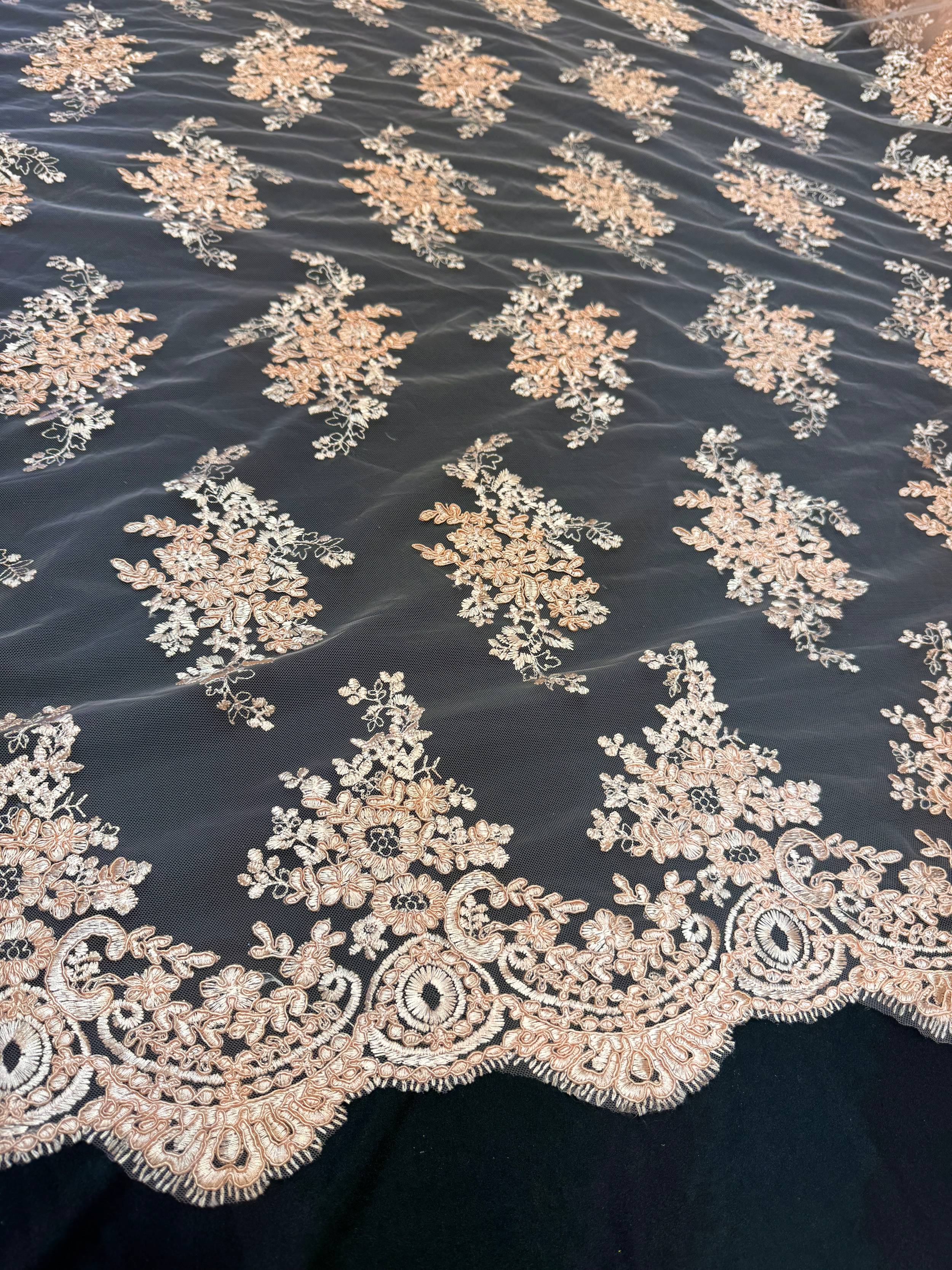Peach Fleur Scalloped Lace Mesh, Scalloped Lace Fabric, Fleur Lace Fabric, Embroidered Lace Mesh, Sheer Lace Fabric, Floral Mesh Fabric, Bridal Lace Fabric
