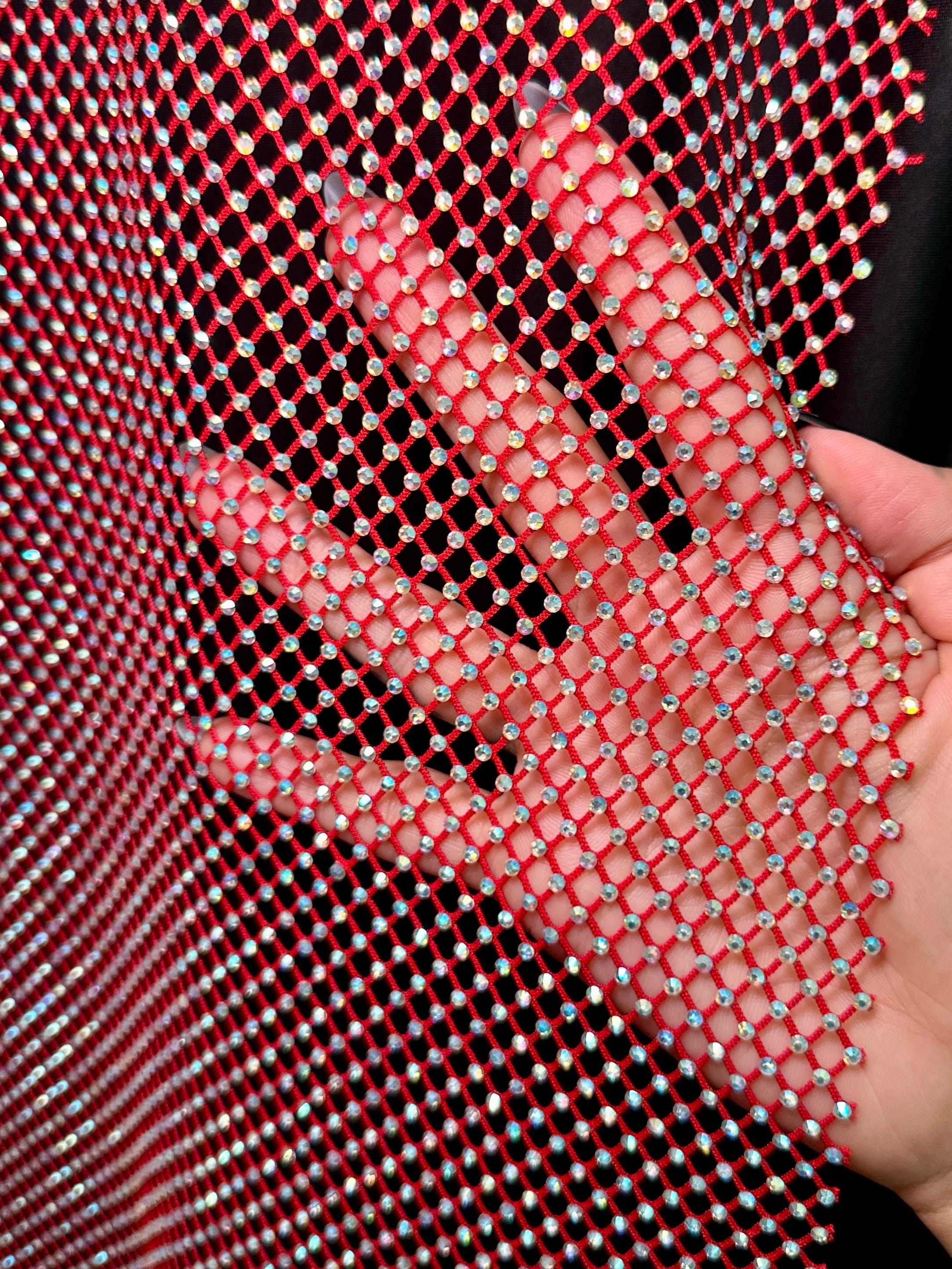 Red Rhinestone Diamond Fishnet Mesh, Fabric Store, Sewing Store, Cheap Fabric Store, Kiki Textiles, Textile by the Yard