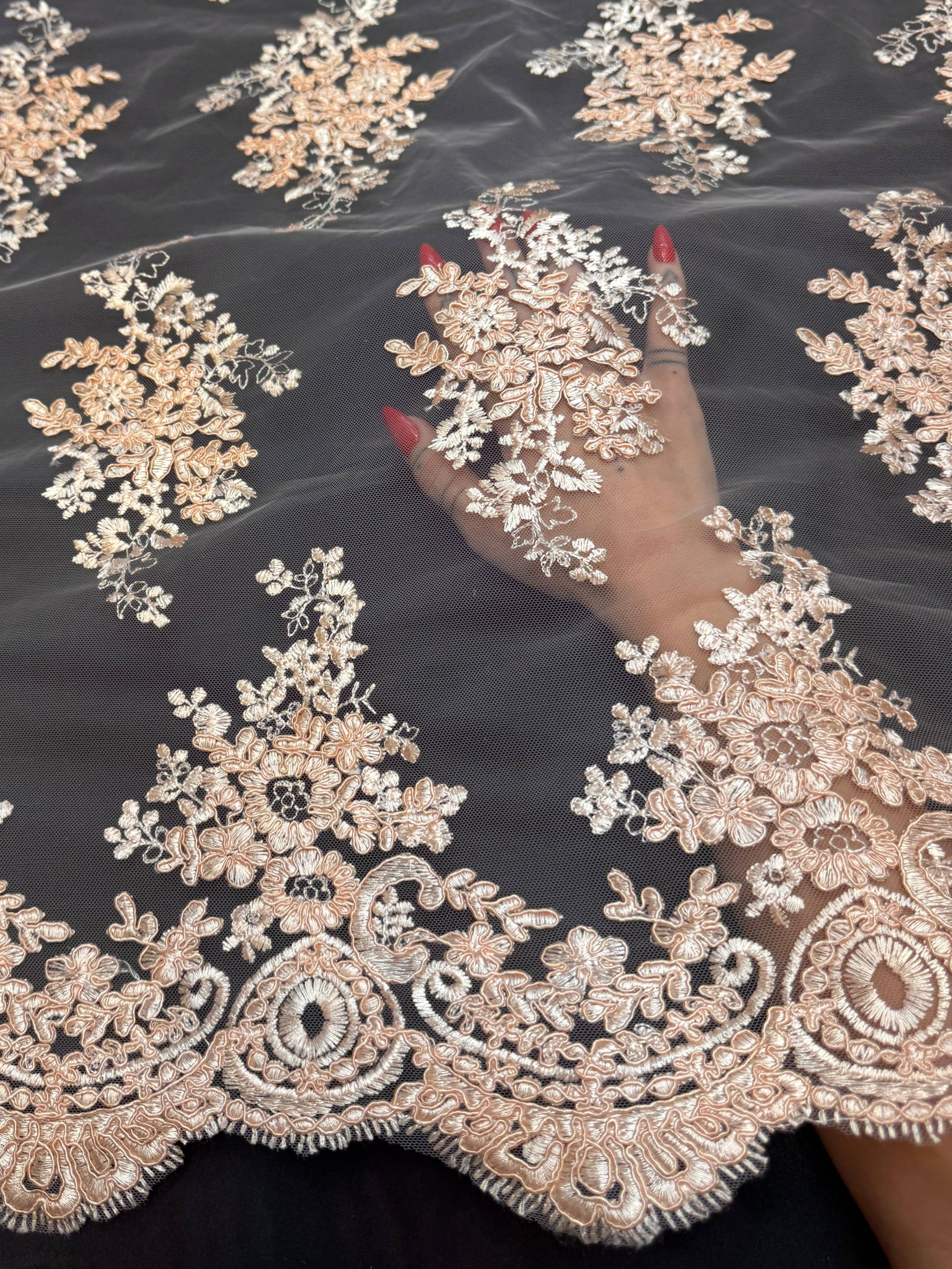 Peach Fleur Scalloped Lace Mesh, Kiki Sewing Store, Kiki Luxury Fabric, Cheap Fabric Store, Kiki Textiles, Kiki Textile by the Yard, Kiki Textile USA