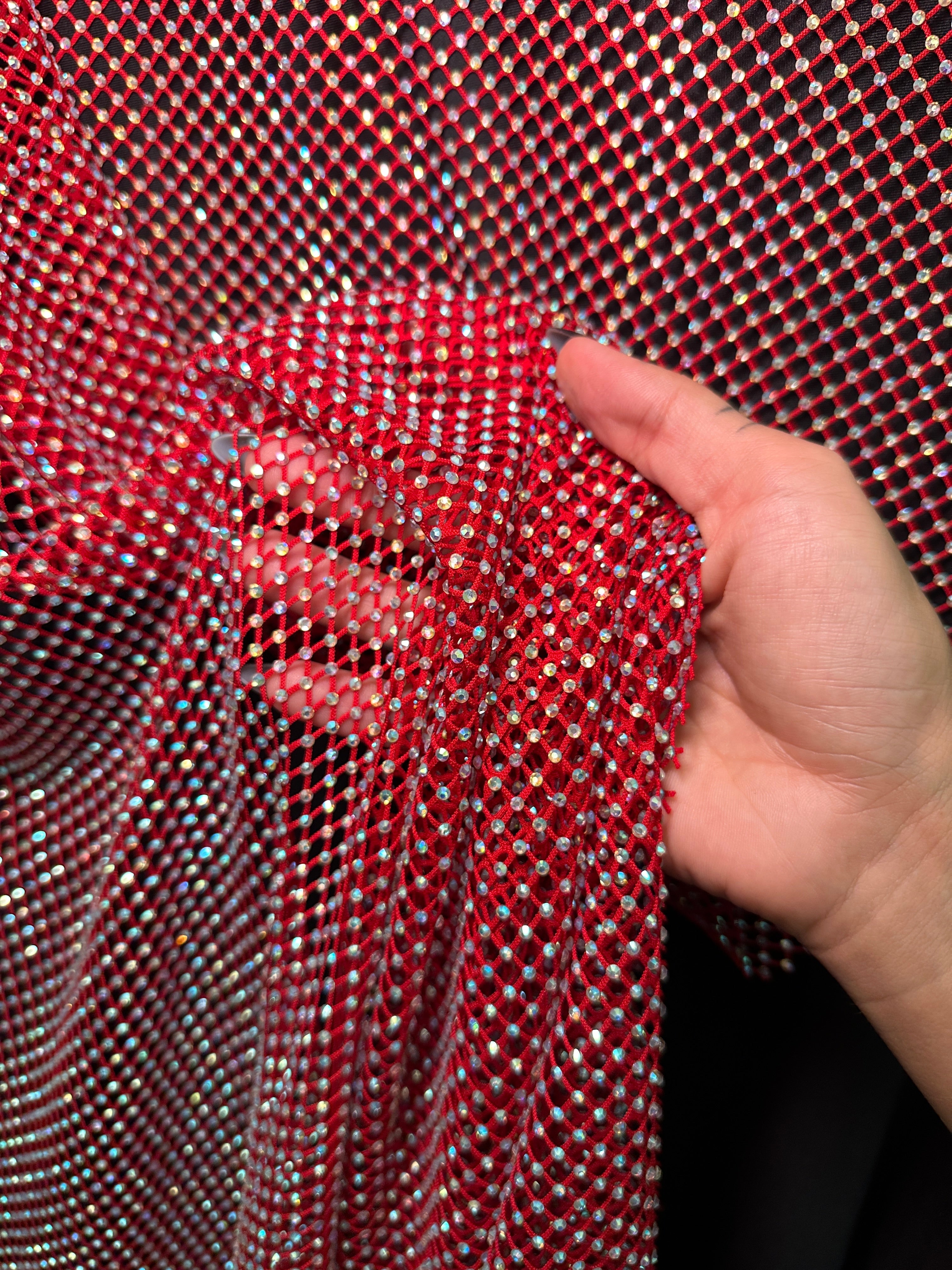 Red Rhinestone Diamond Fishnet Mesh, Rhinestone Fishnet Mesh, Mesh on Sale, Rhinestone on Mesh, Womens Rhinestone Mesh, Fancy Fishnet Mesh