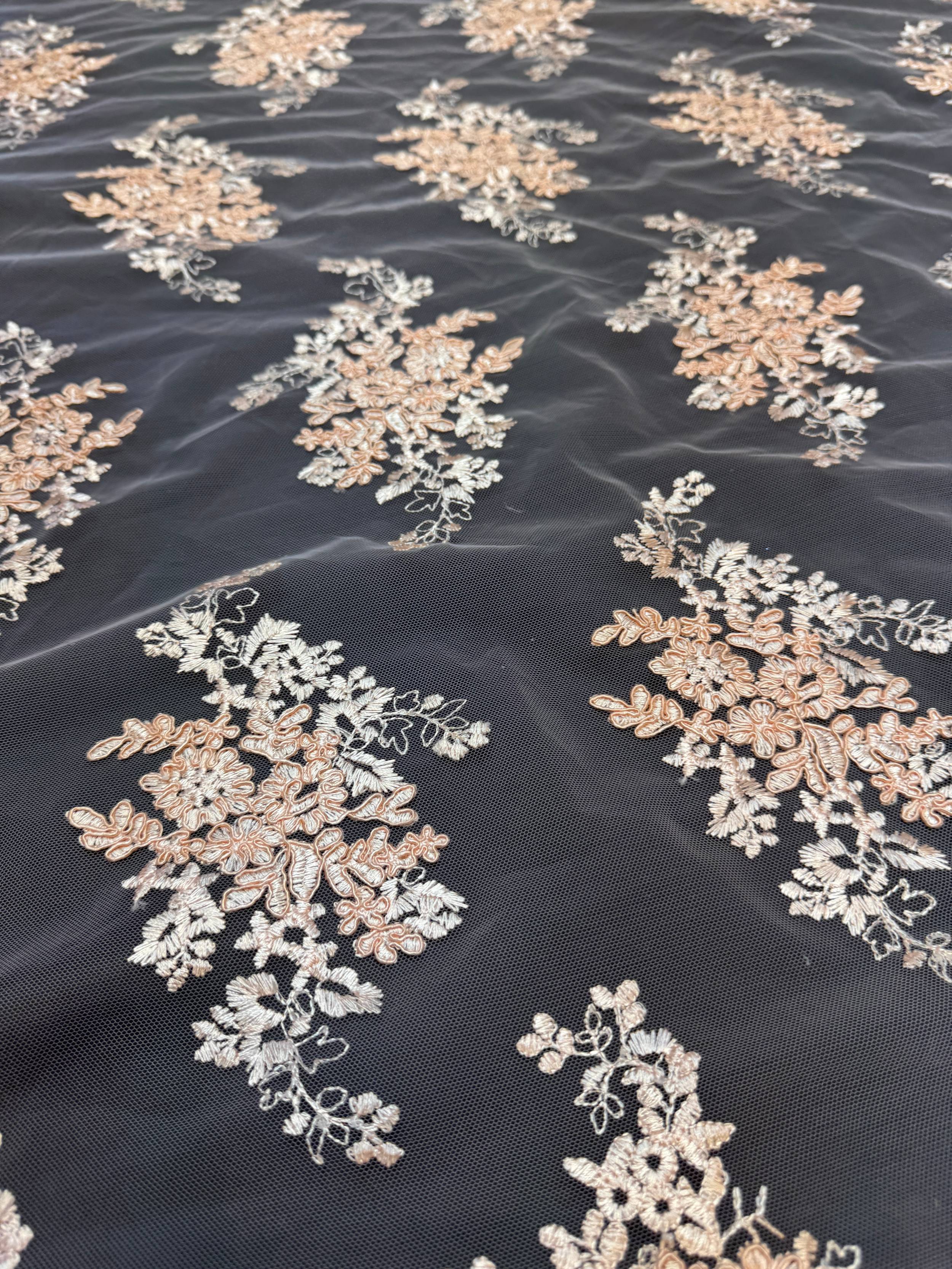 Peach Fleur Scalloped Lace Mesh, Scalloped Lace Fabric, Fleur Lace Fabric, Embroidered Lace Mesh, Sheer Lace Fabric, Floral Mesh Fabric, Bridal Lace Fabric