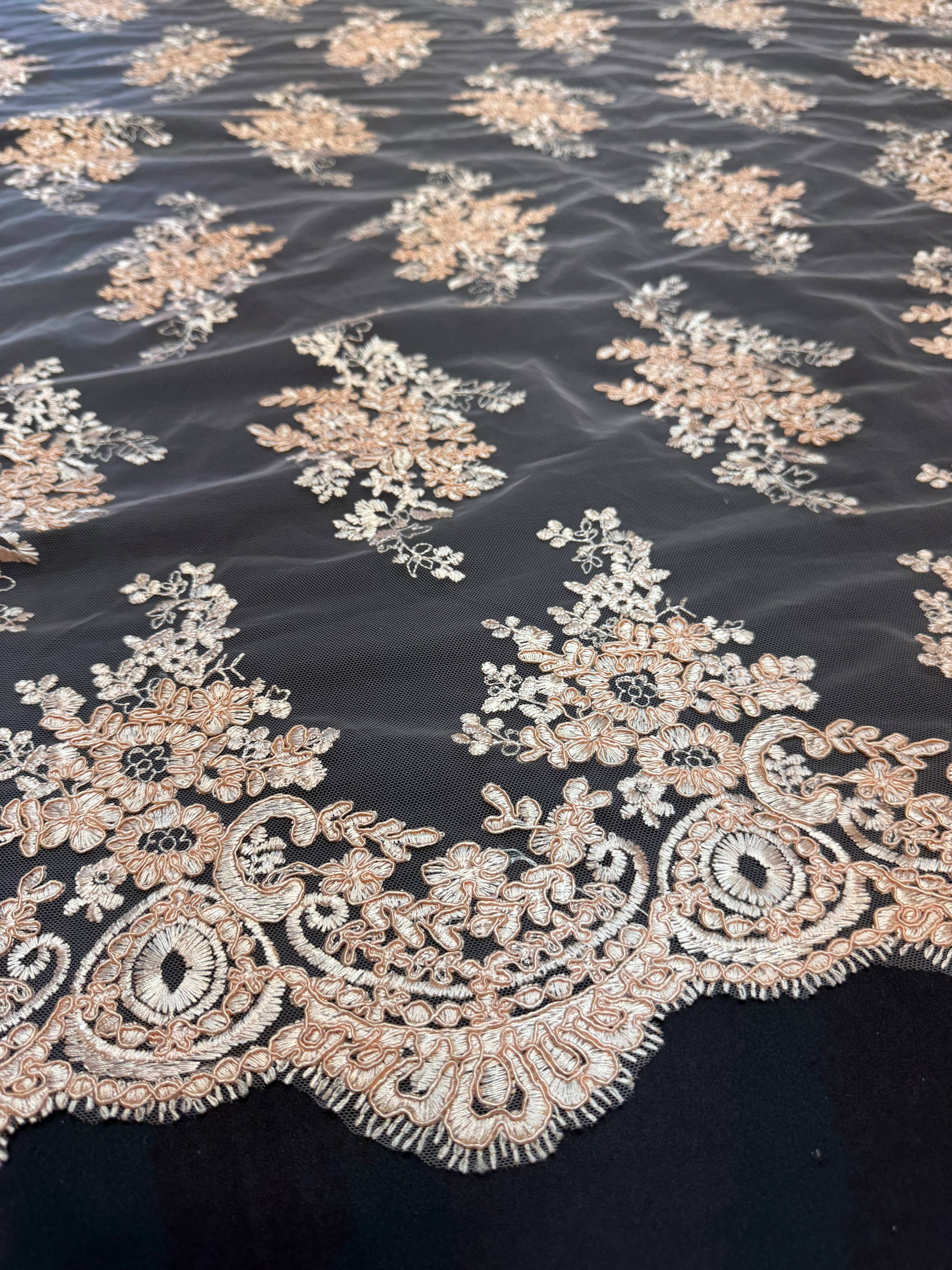 Peach Fleur Scalloped Lace Mesh, Kiki Sewing Store, Kiki Luxury Fabric, Cheap Fabric Store, Kiki Textiles, Kiki Textile by the Yard, Kiki Textile USA