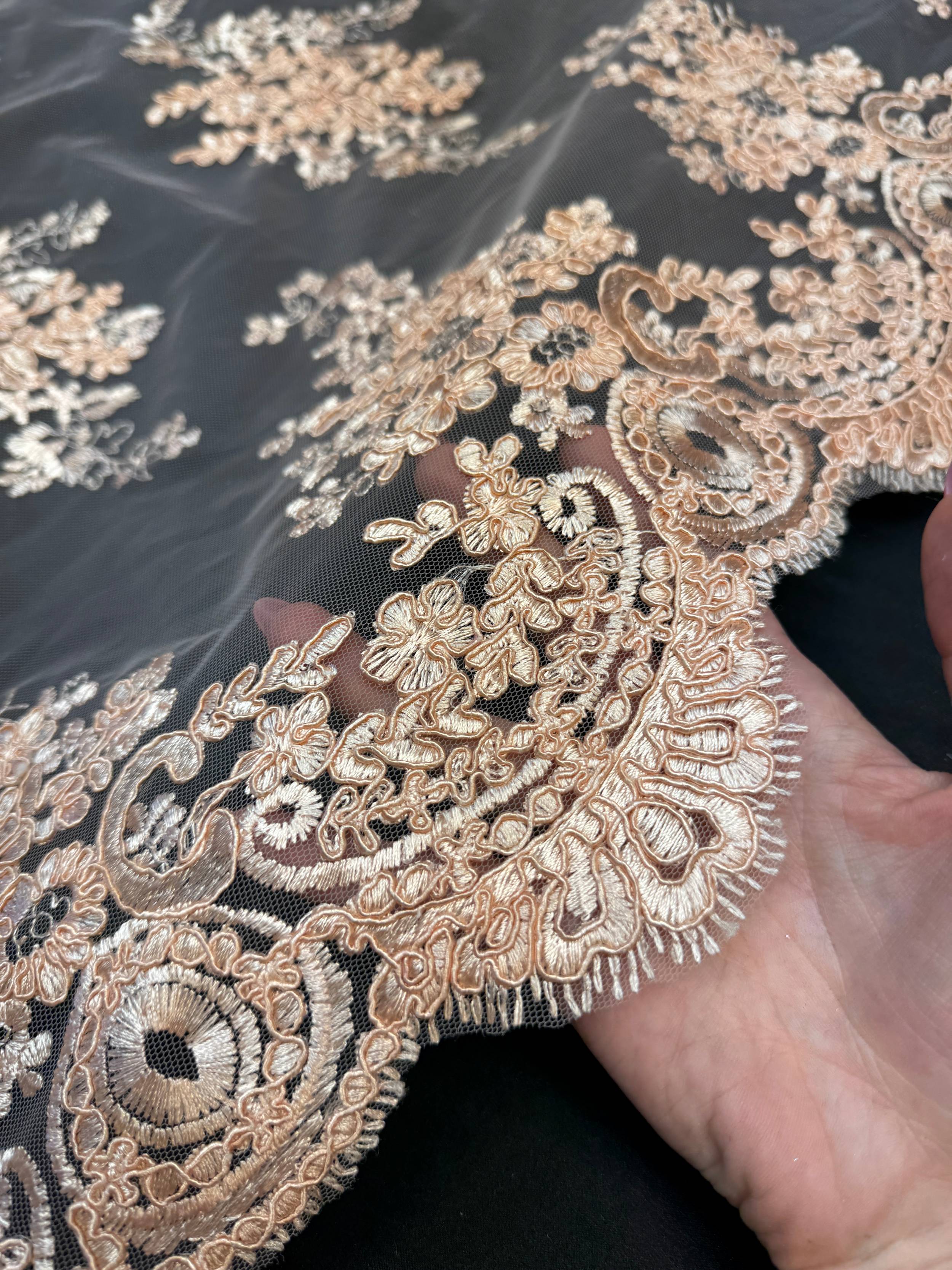 Peach Fleur Scalloped Lace Mesh, Kiki Sewing Store, Kiki Luxury Fabric, Cheap Fabric Store, Kiki Textiles, Kiki Textile by the Yard, Kiki Textile USA