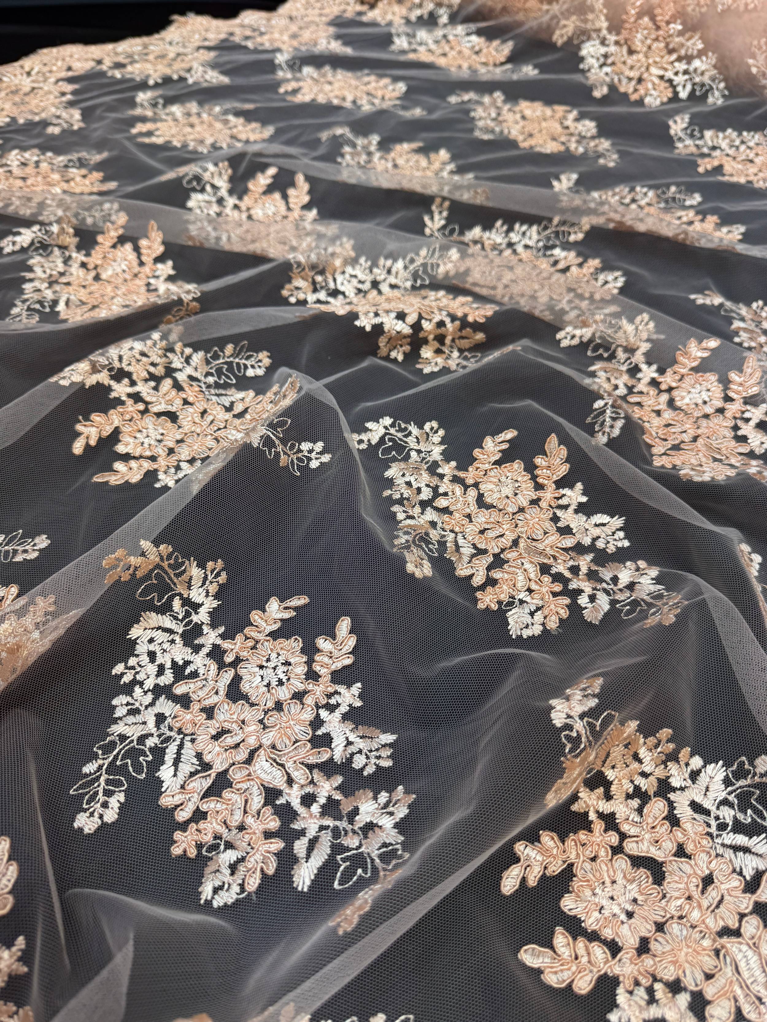  Peach Fleur Scalloped Lace Mesh, Scalloped Lace Fabric, Fleur Lace Fabric, Embroidered Lace Mesh, Sheer Lace Fabric, Floral Mesh Fabric, Bridal Lace Fabric