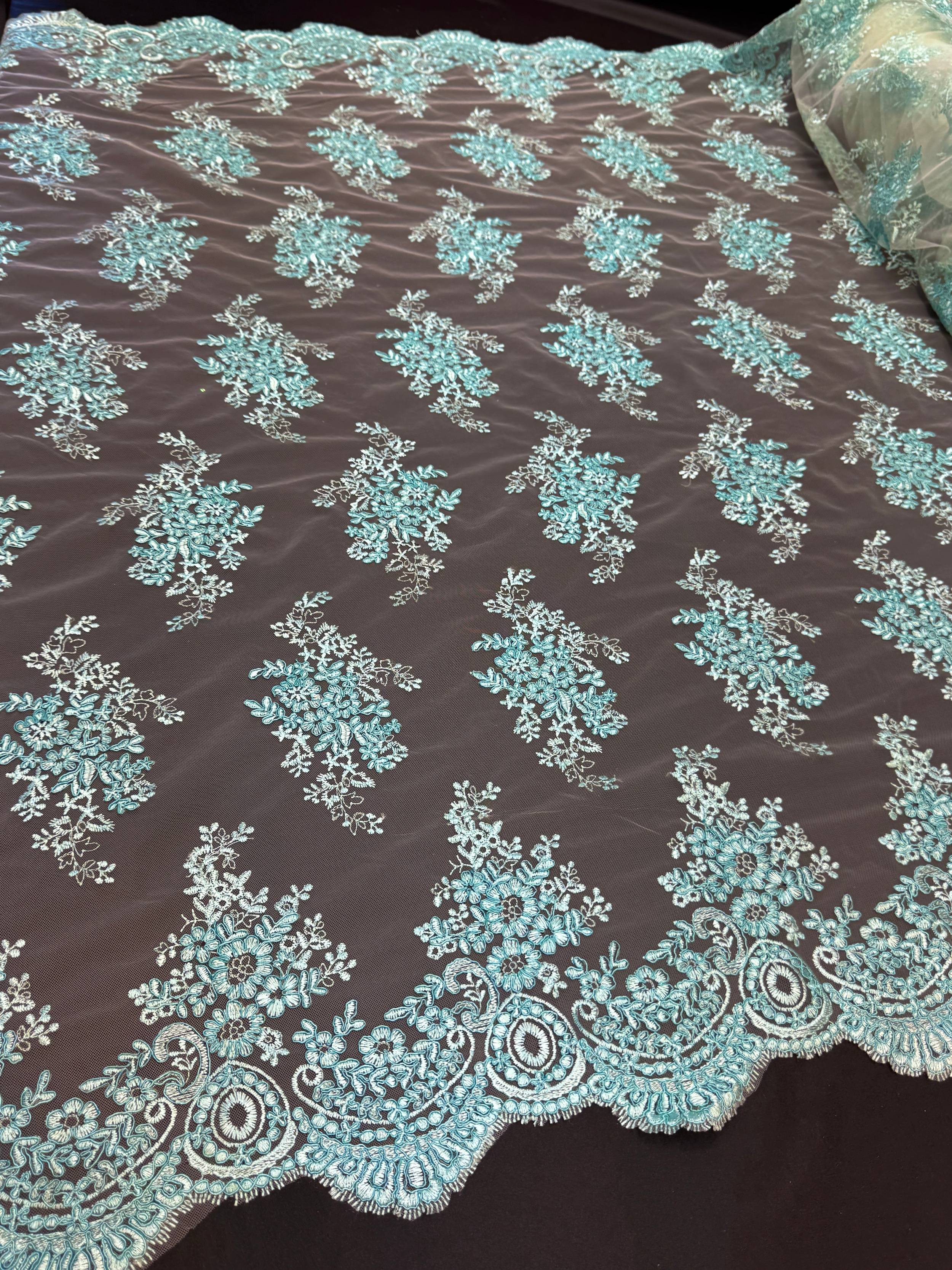 Turquoise Fleur Scalloped Lace Mesh, Scalloped Lace Fabric, Fleur Lace Fabric, Embroidered Lace Mesh, Sheer Lace Fabric, Floral Mesh Fabric, Bridal Lace Fabric
