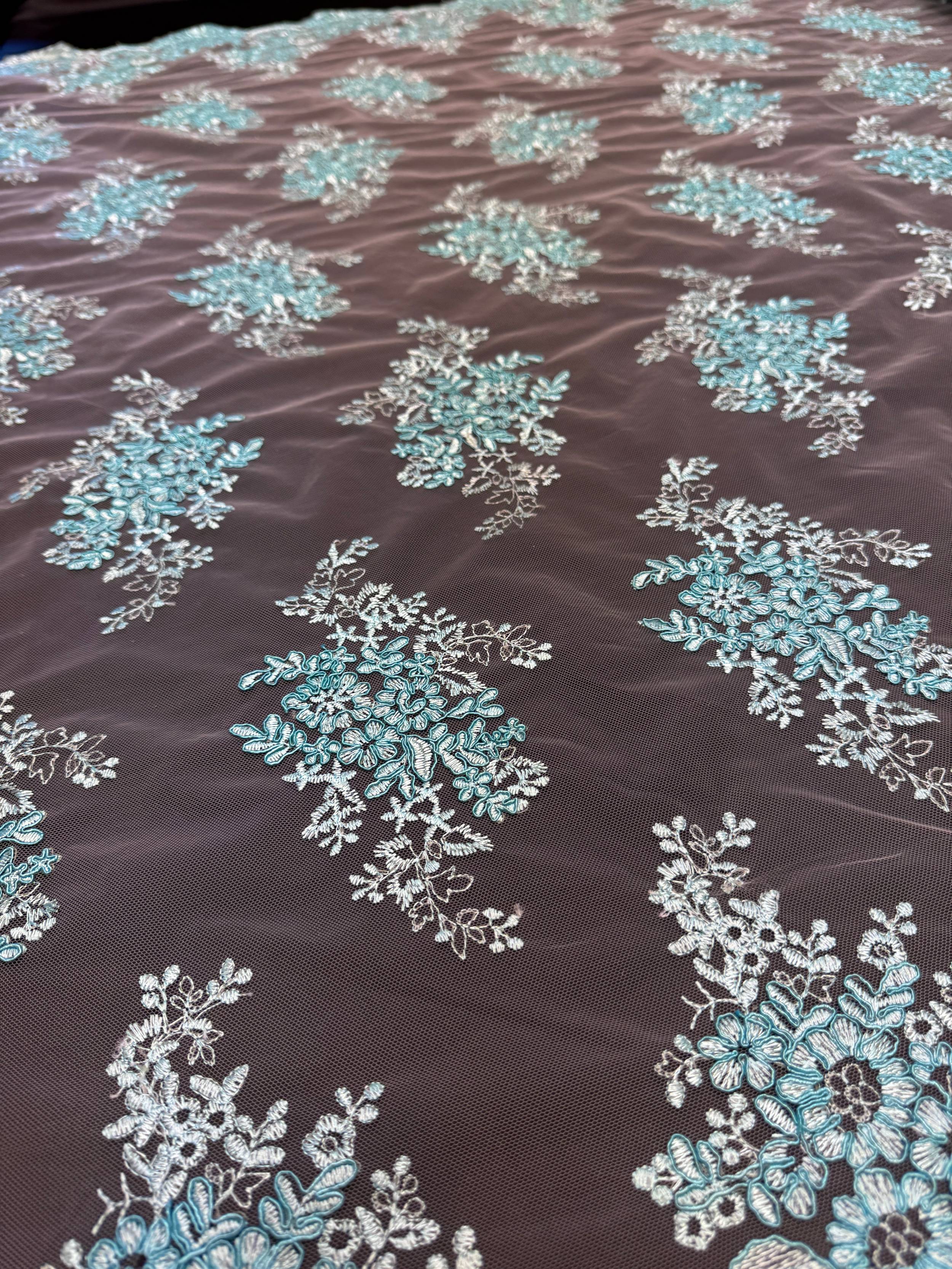 Turquoise Fleur Scalloped Lace Mesh, Kiki Sewing Store, Kiki Luxury Fabric, Cheap Fabric Store, Kiki Textiles, Kiki Textile by the Yard, Kiki Textile USA