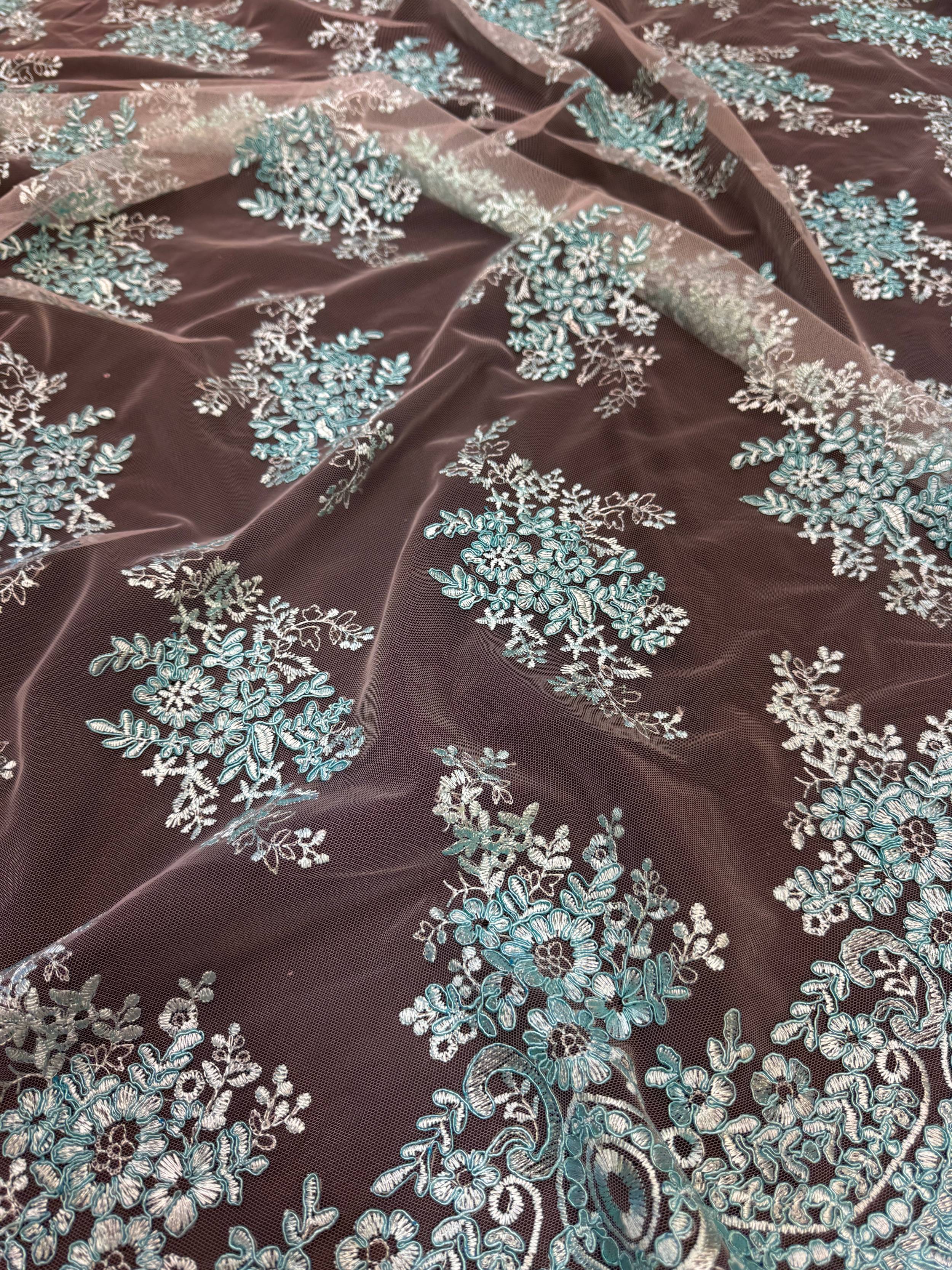 Turquoise Fleur Scalloped Lace Mesh, Scalloped Lace Fabric, Fleur Lace Fabric, Embroidered Lace Mesh, Sheer Lace Fabric, Floral Mesh Fabric, Bridal Lace Fabric