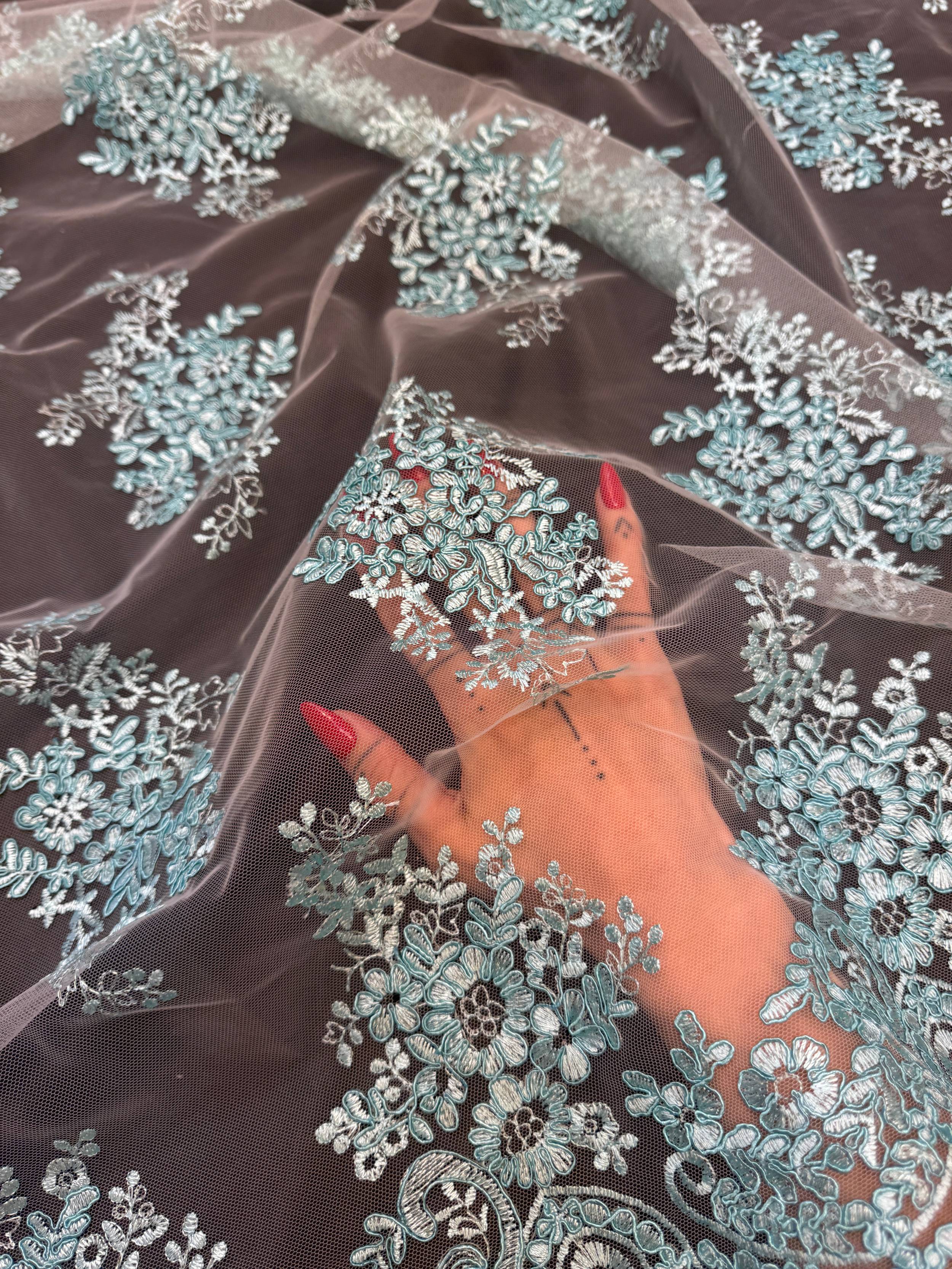 Turquoise Fleur Scalloped Lace Mesh, Kiki Sewing Store, Kiki Luxury Fabric, Cheap Fabric Store, Kiki Textiles, Kiki Textile by the Yard, Kiki Textile USA
