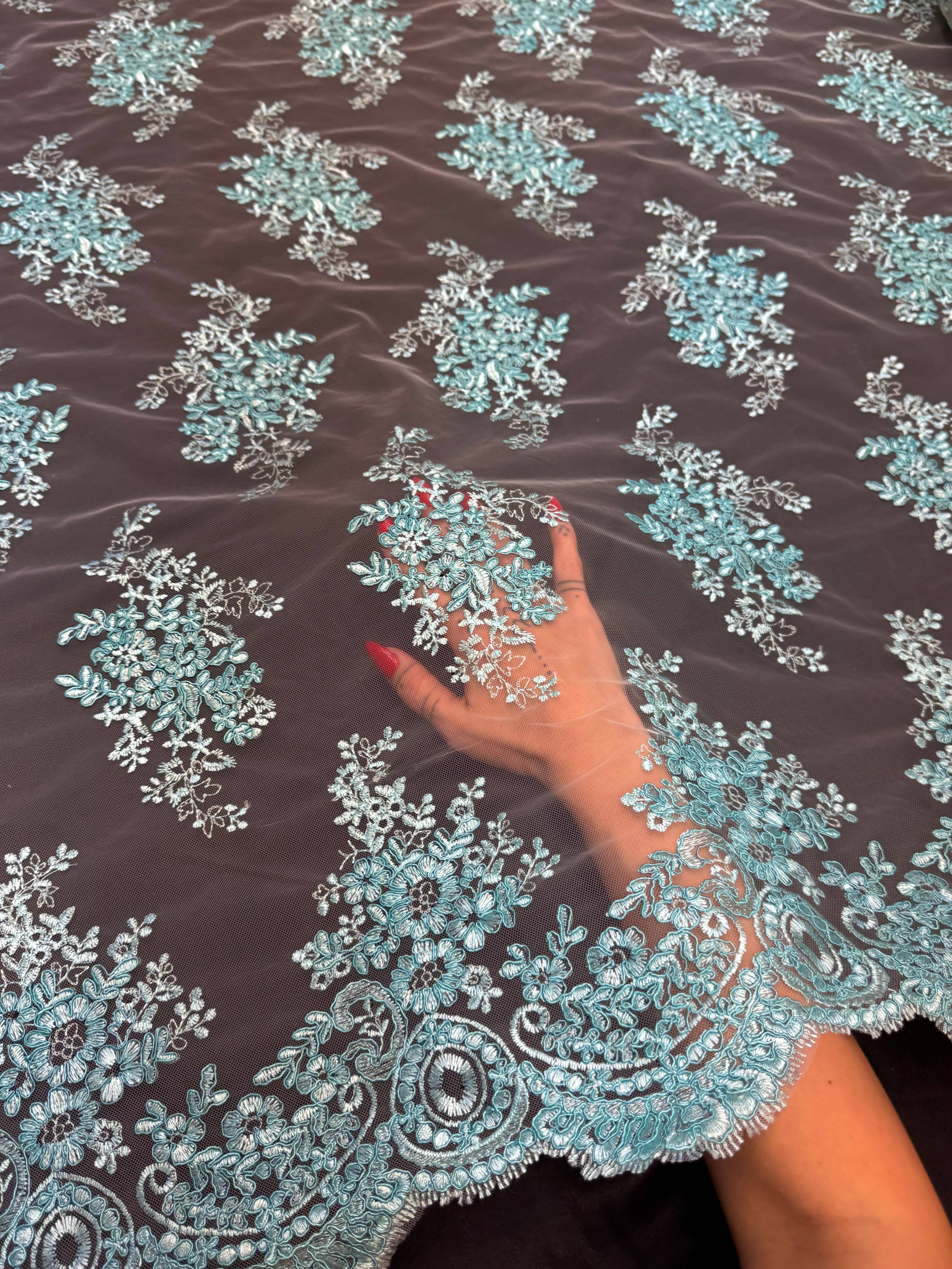 Turquoise Fleur Scalloped Lace Mesh, Kiki Sewing Store, Kiki Luxury Fabric, Cheap Fabric Store, Kiki Textiles, Kiki Textile by the Yard, Kiki Textile USA