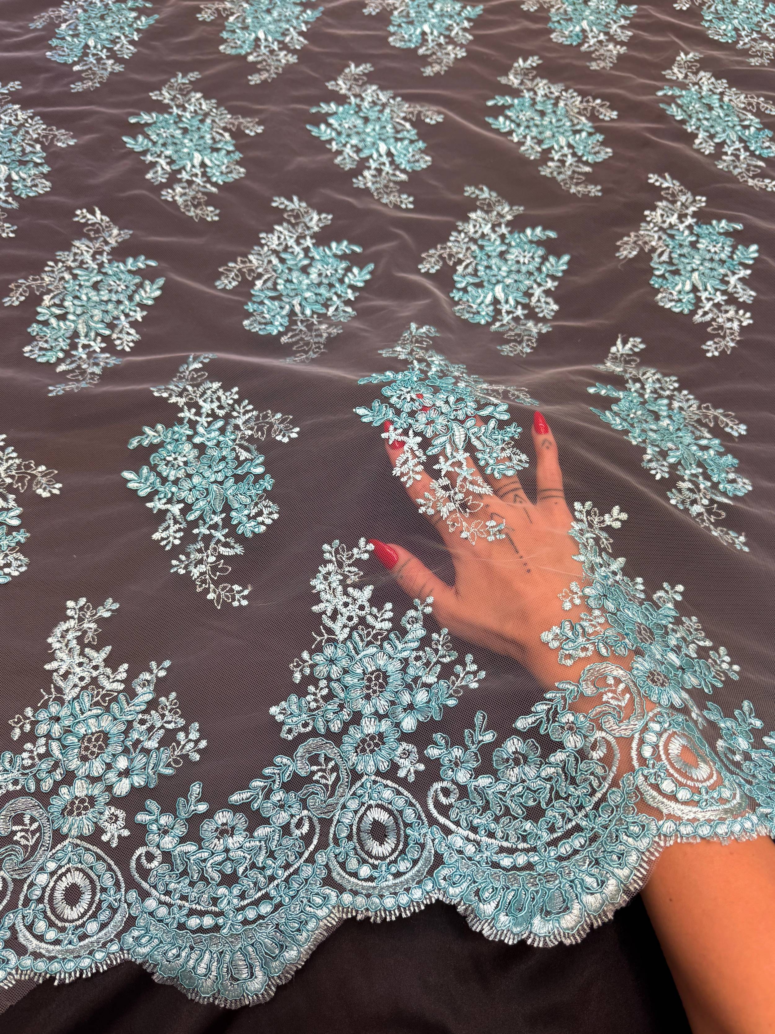 Turquoise Fleur Scalloped Lace Mesh, Scalloped Lace Fabric, Fleur Lace Fabric, Embroidered Lace Mesh, Sheer Lace Fabric, Floral Mesh Fabric, Bridal Lace Fabric