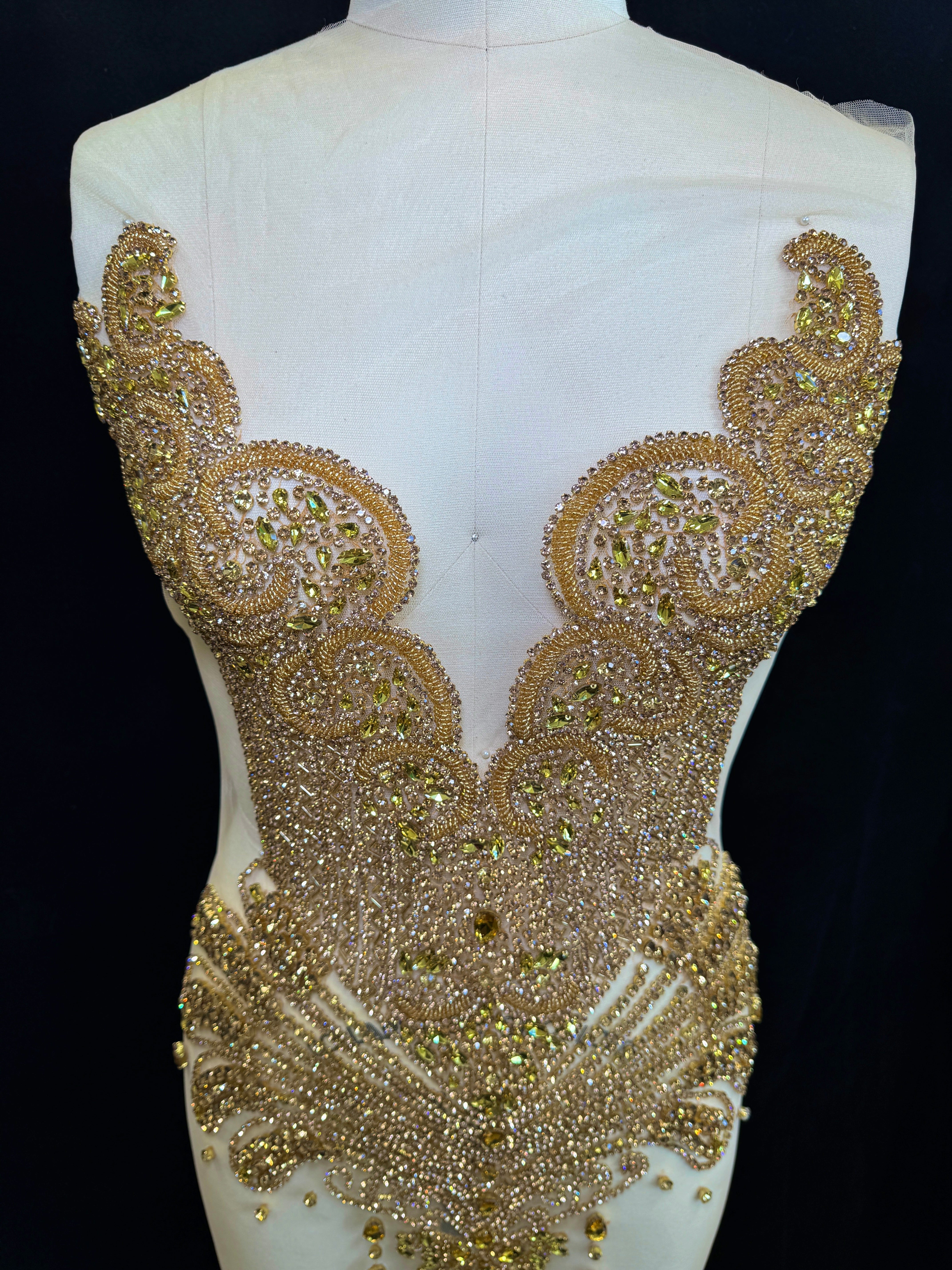 Carla Gold Rhinestone Bodice Applique, gold rhinestone, dark gold rhinestone, light gold rhinestone,  