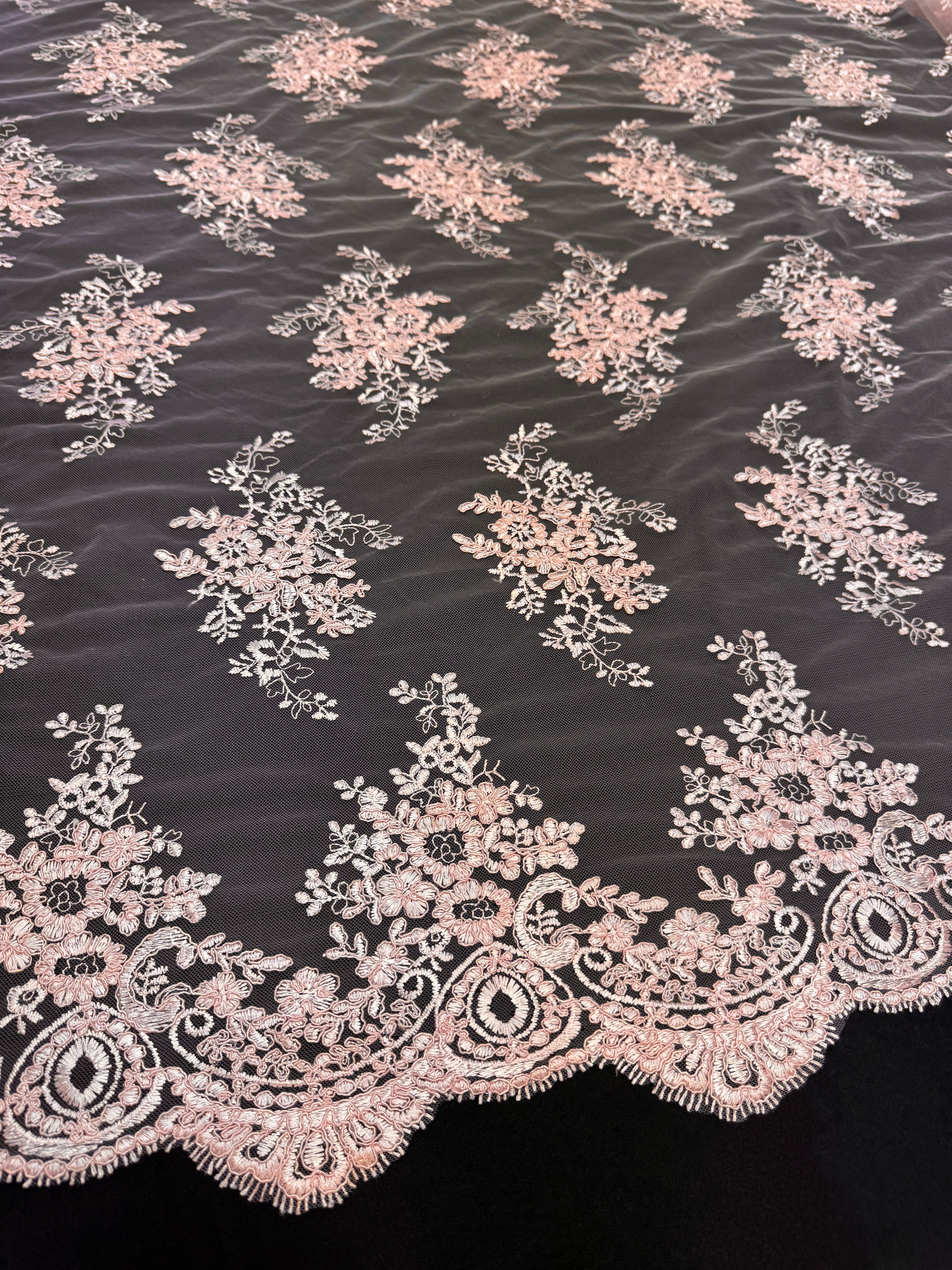 Blush Pink Fleur Scalloped Lace Mesh, Scalloped Lace Fabric, Fleur Lace Fabric, Embroidered Lace Mesh, Sheer Lace Fabric, Floral Mesh Fabric, Bridal Lace Fabric