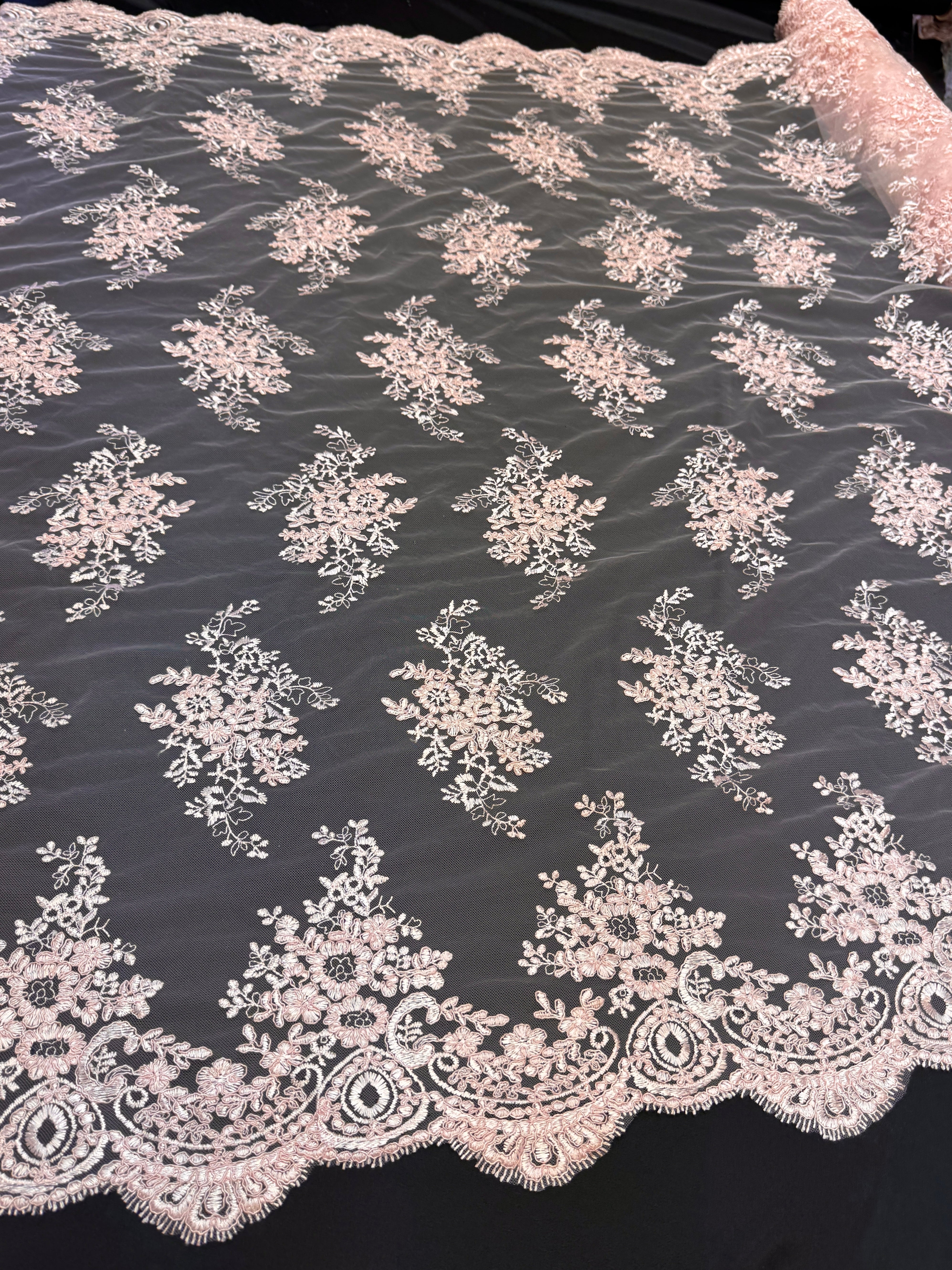 Blush Pink Fleur Scalloped Lace Mesh, Scalloped Lace Fabric, Fleur Lace Fabric, Embroidered Lace Mesh, Sheer Lace Fabric, Floral Mesh Fabric, Bridal Lace Fabric