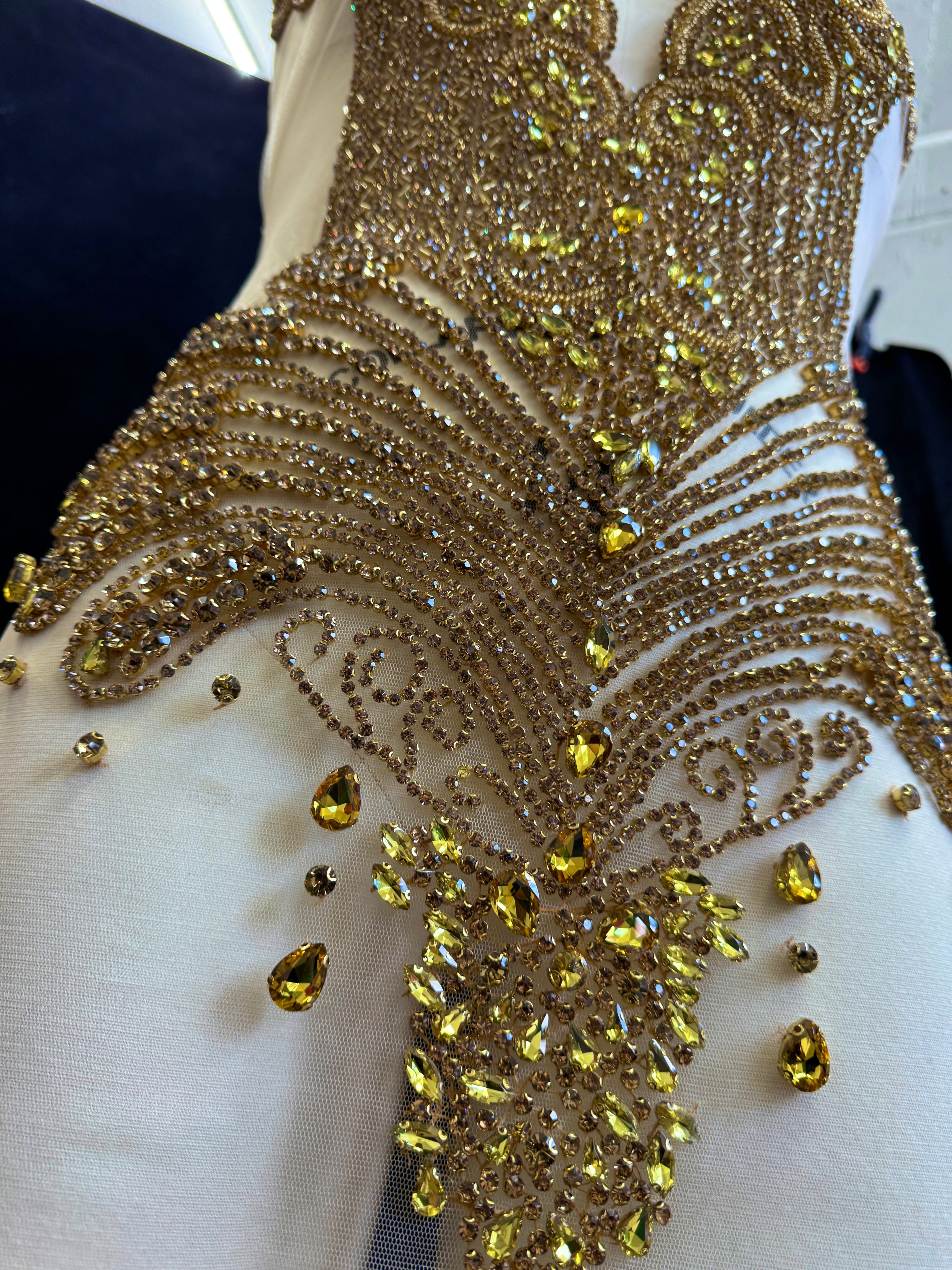 Carla Gold Rhinestone Bodice Applique, gold rhinestone, dark gold rhinestone, light gold rhinestone,  