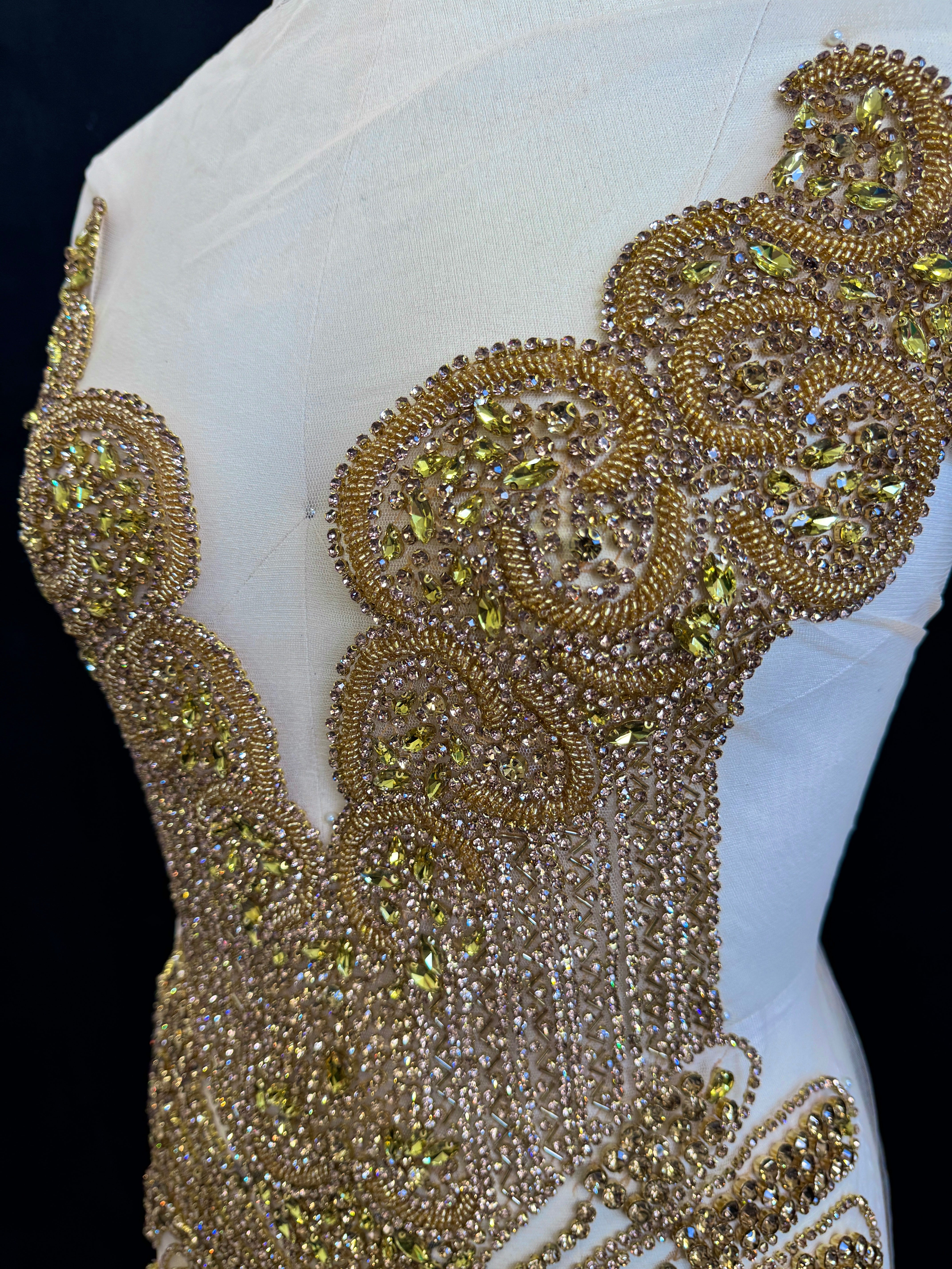 Carla Gold Rhinestone Bodice Applique, gold rhinestone, dark gold rhinestone, light gold rhinestone,  