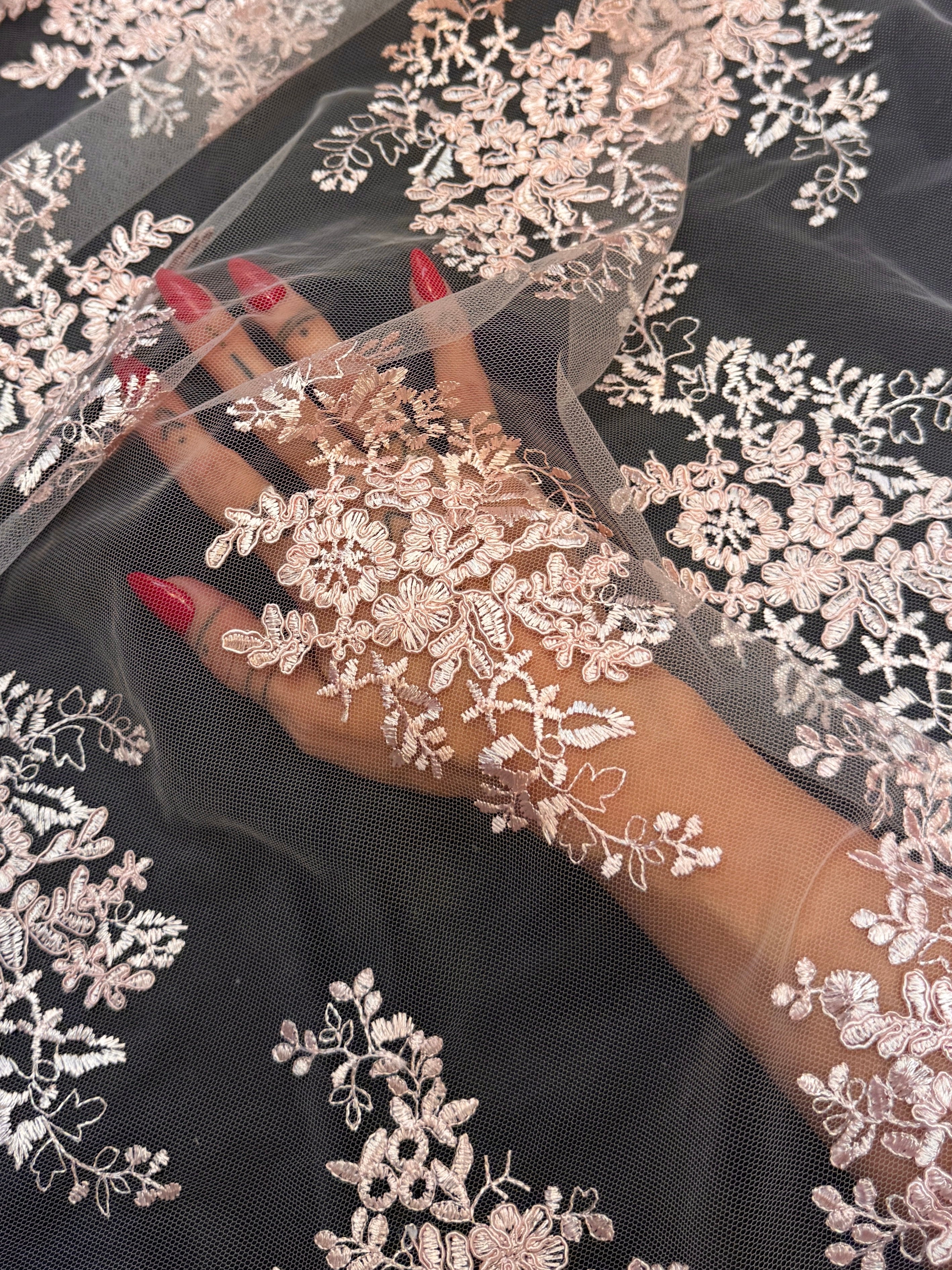 Blush Pink Fleur Scalloped Lace Mesh, Scalloped Lace Fabric, Fleur Lace Fabric, Embroidered Lace Mesh, Sheer Lace Fabric, Floral Mesh Fabric, Bridal Lace Fabric