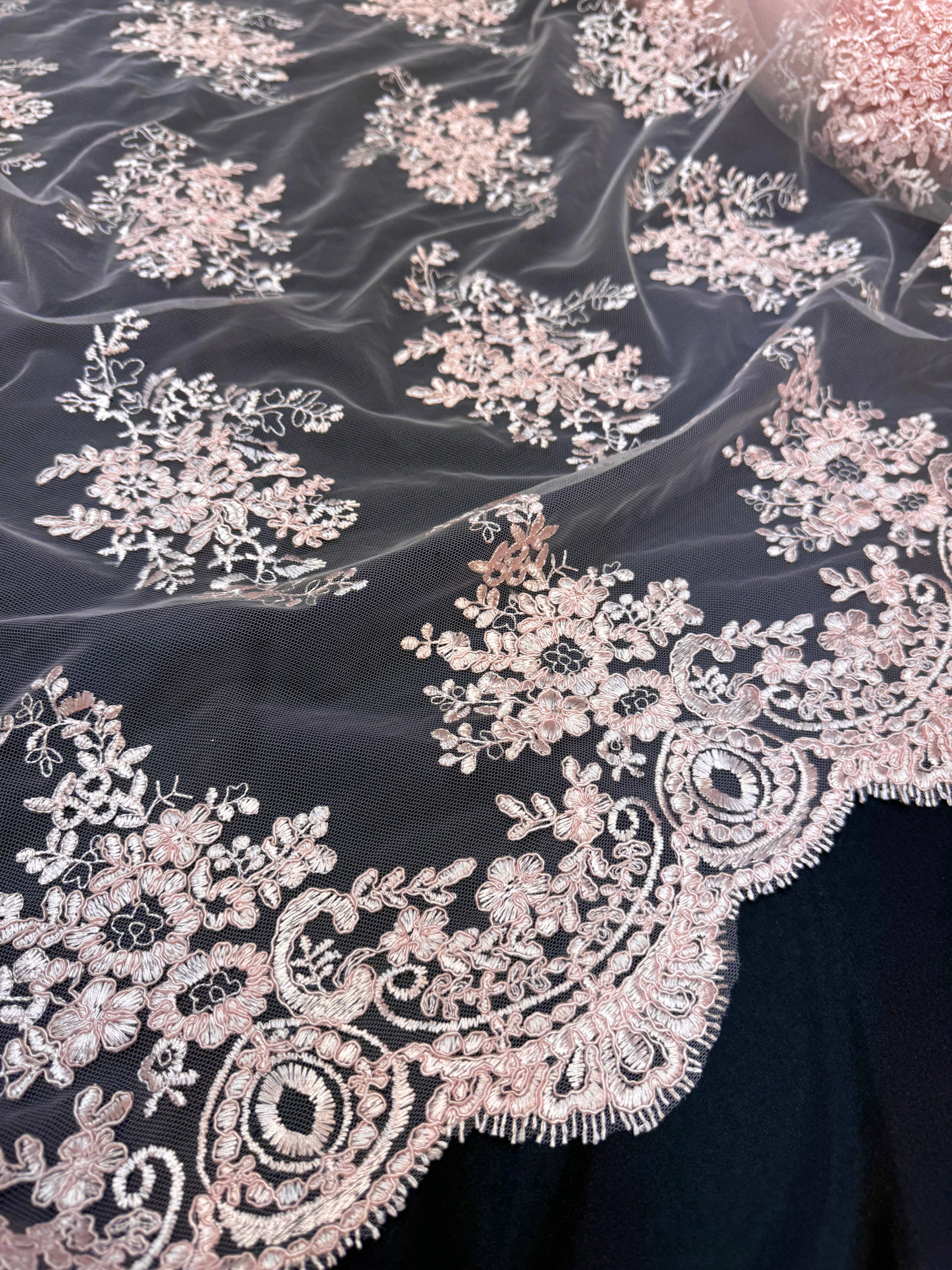 Blush Pink Fleur Scalloped Lace Mesh, Scalloped Lace Fabric, Fleur Lace Fabric, Embroidered Lace Mesh, Sheer Lace Fabric, Floral Mesh Fabric, Bridal Lace Fabric