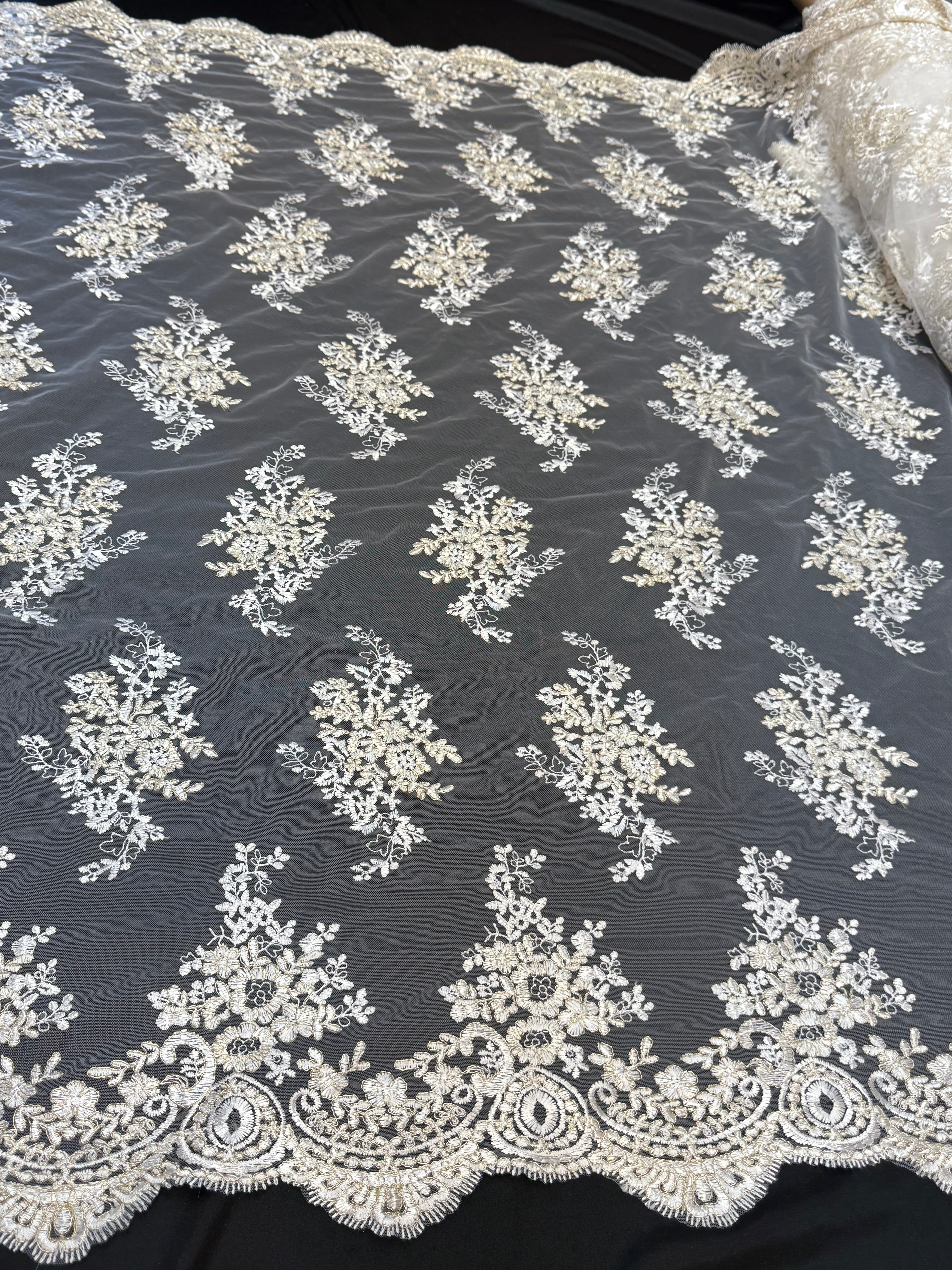 Ivory Champagne Fleur Scalloped Lace Mesh, Scalloped Lace Fabric, Fleur Lace Fabric, Embroidered Lace Mesh, Sheer Lace Fabric, Floral Mesh Fabric, Bridal Lace Fabric