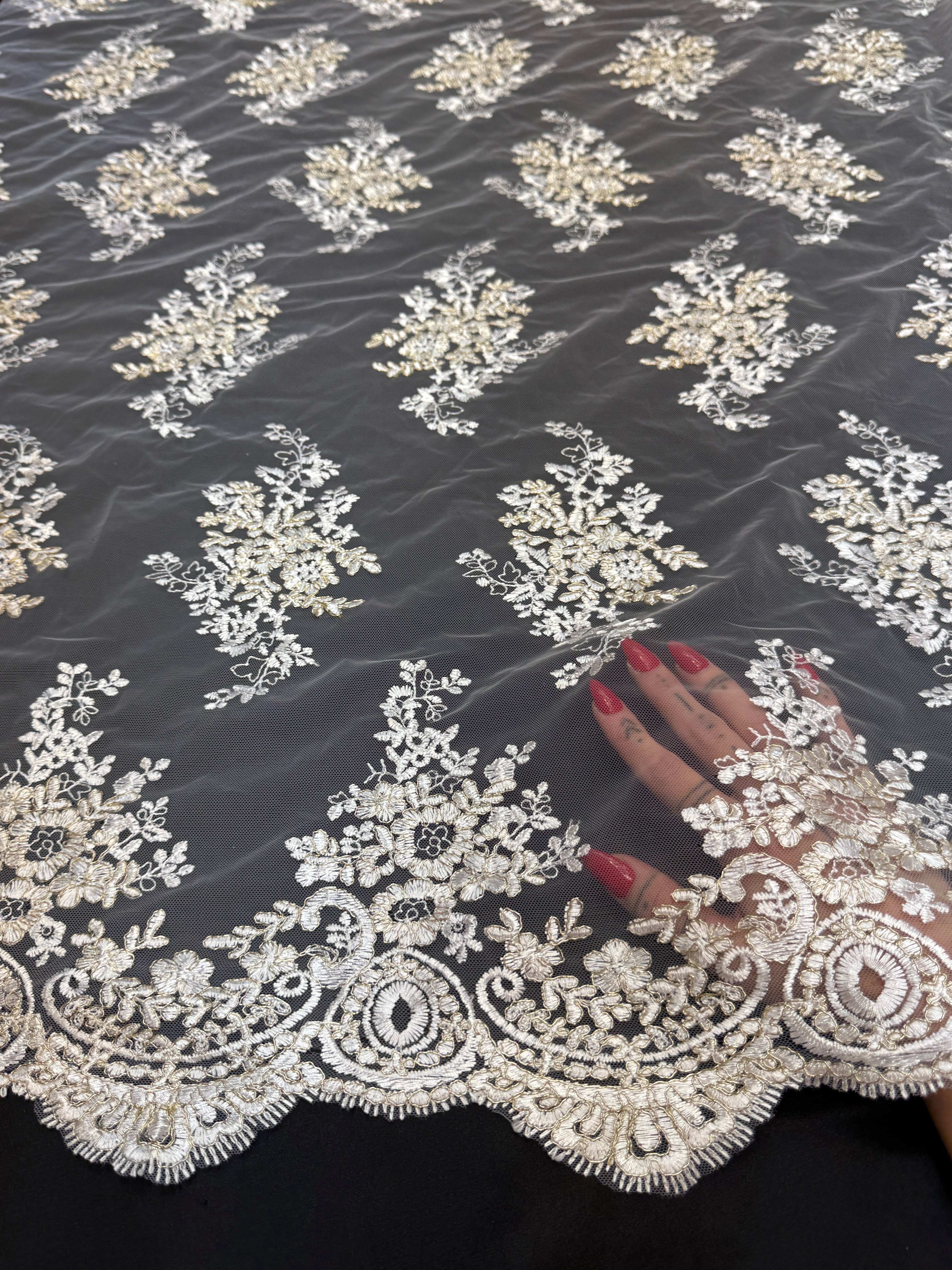 Ivory Champagne Fleur Scalloped Lace Mesh, Kiki Sewing Store, Kiki Luxury Fabric, Cheap Fabric Store, Kiki Textiles, Kiki Textile by the Yard, Kiki Textile USA
