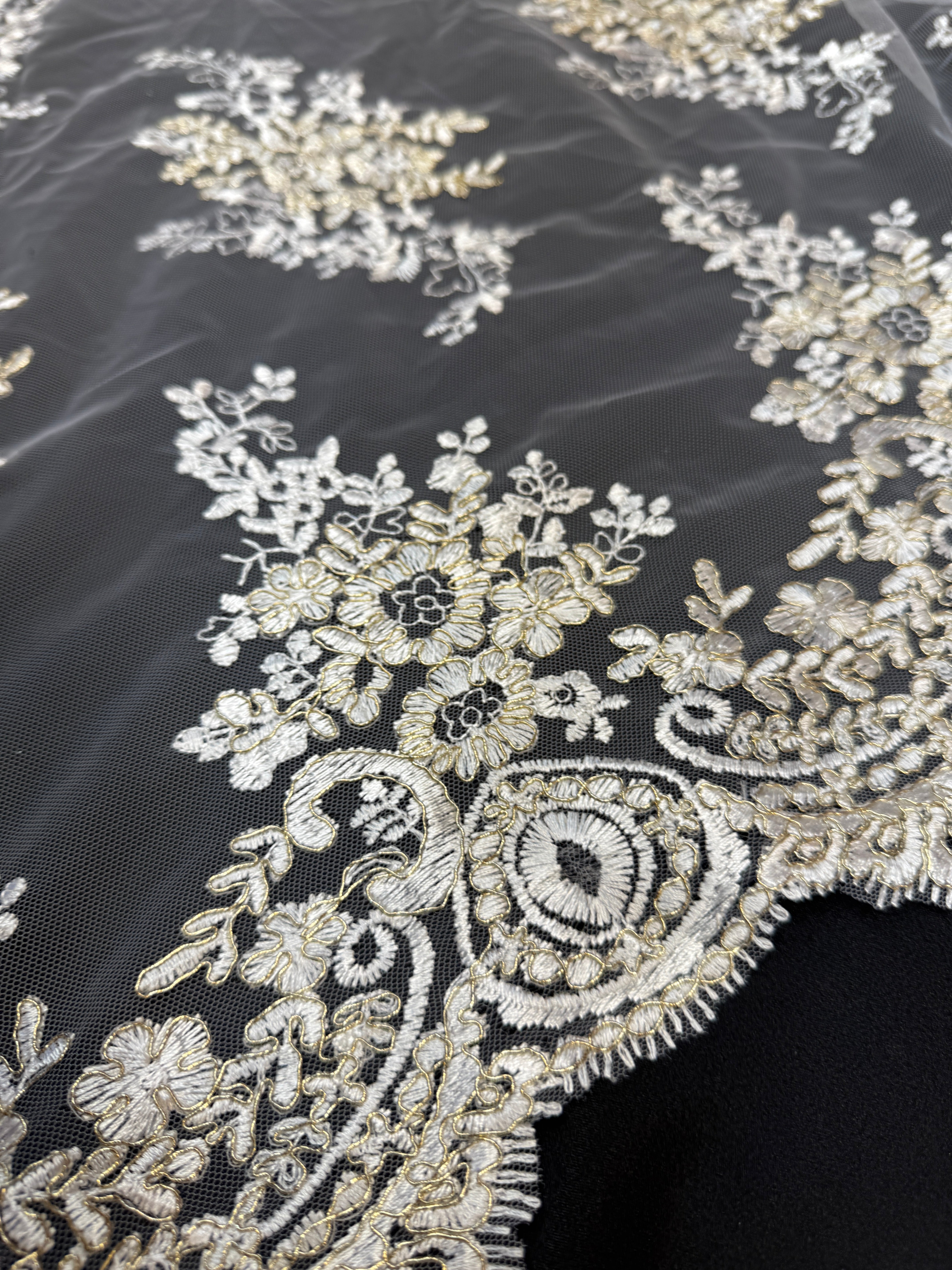 Ivory Champagne Fleur Scalloped Lace Mesh, Kiki Sewing Store, Kiki Luxury Fabric, Cheap Fabric Store, Kiki Textiles, Kiki Textile by the Yard, Kiki Textile USA