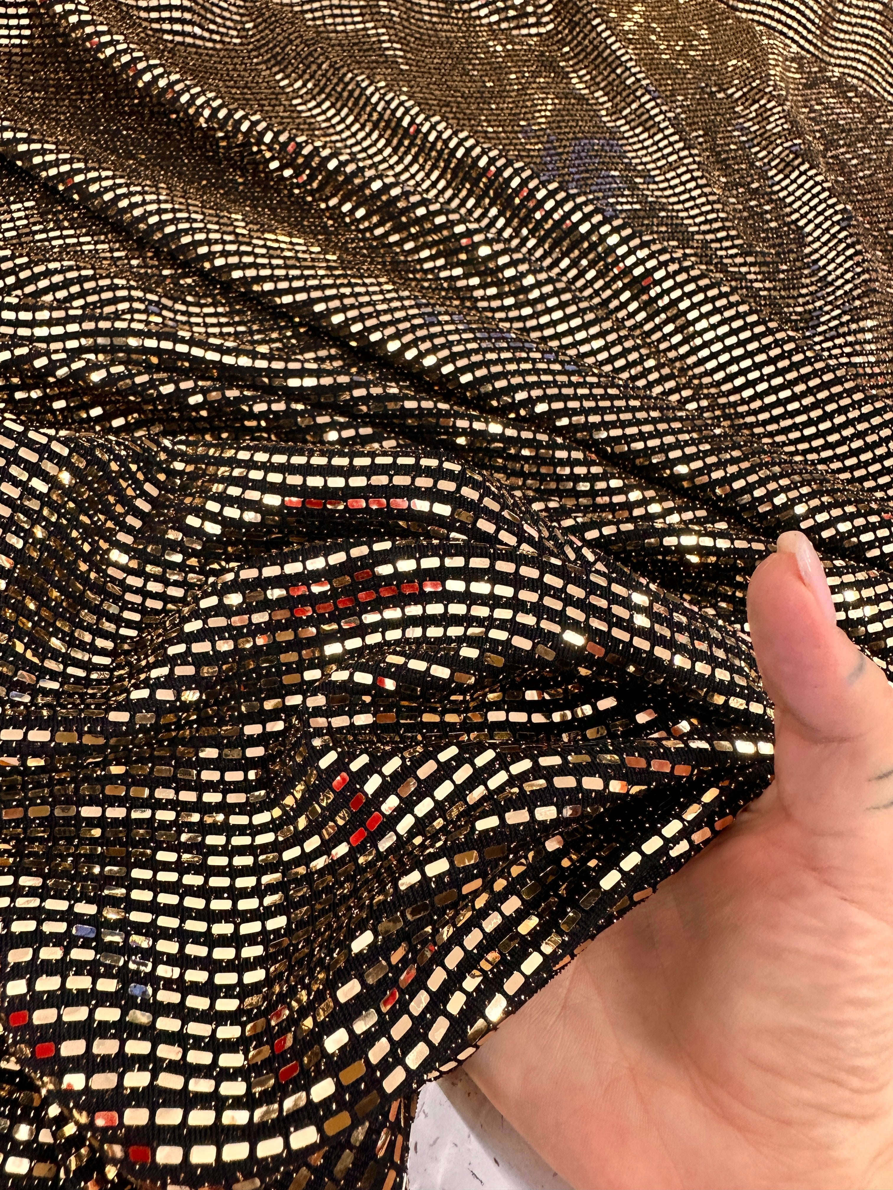 Gold Glimmery Flat Sequin Knit, Gold Disco Fabric, Stretch Metallic Spandex Sequin Fabric, sequin knit for woman, sequin knit for bride, sequin knit for party wear, sequin knit on discount, sequin knit on sale, premium sequin knit, buy sequin knit online