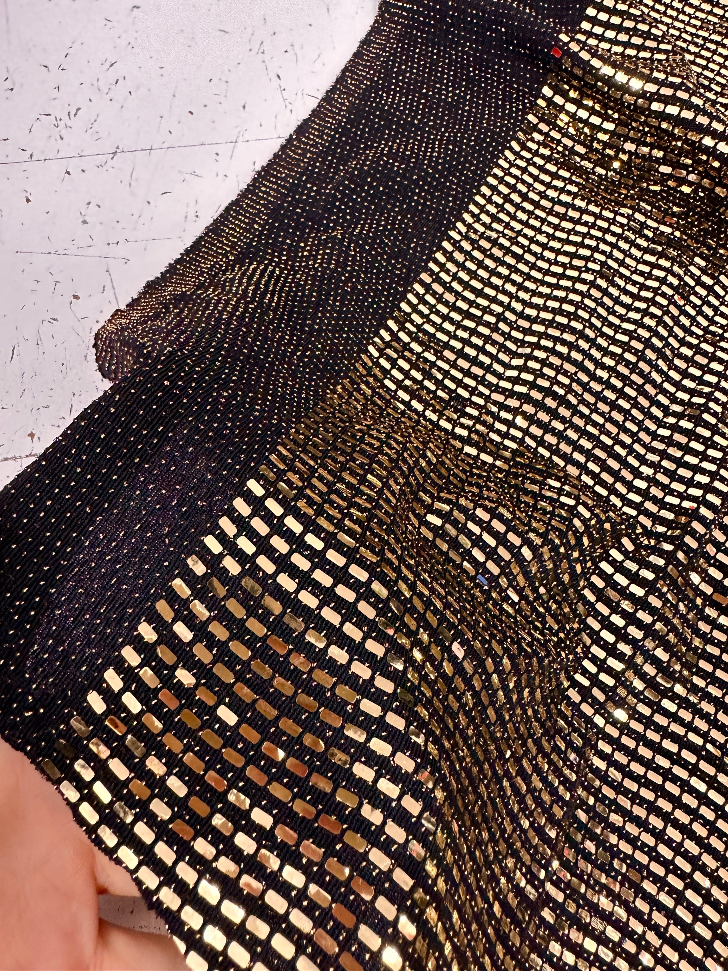 Gold Glimmery Flat Sequin Knit, Gold Disco Fabric, Stretch Metallic Spandex Sequin Fabric, sequin knit for woman, sequin knit for bride, sequin knit for party wear, sequin knit on discount, sequin knit on sale, premium sequin knit, buy sequin knit online