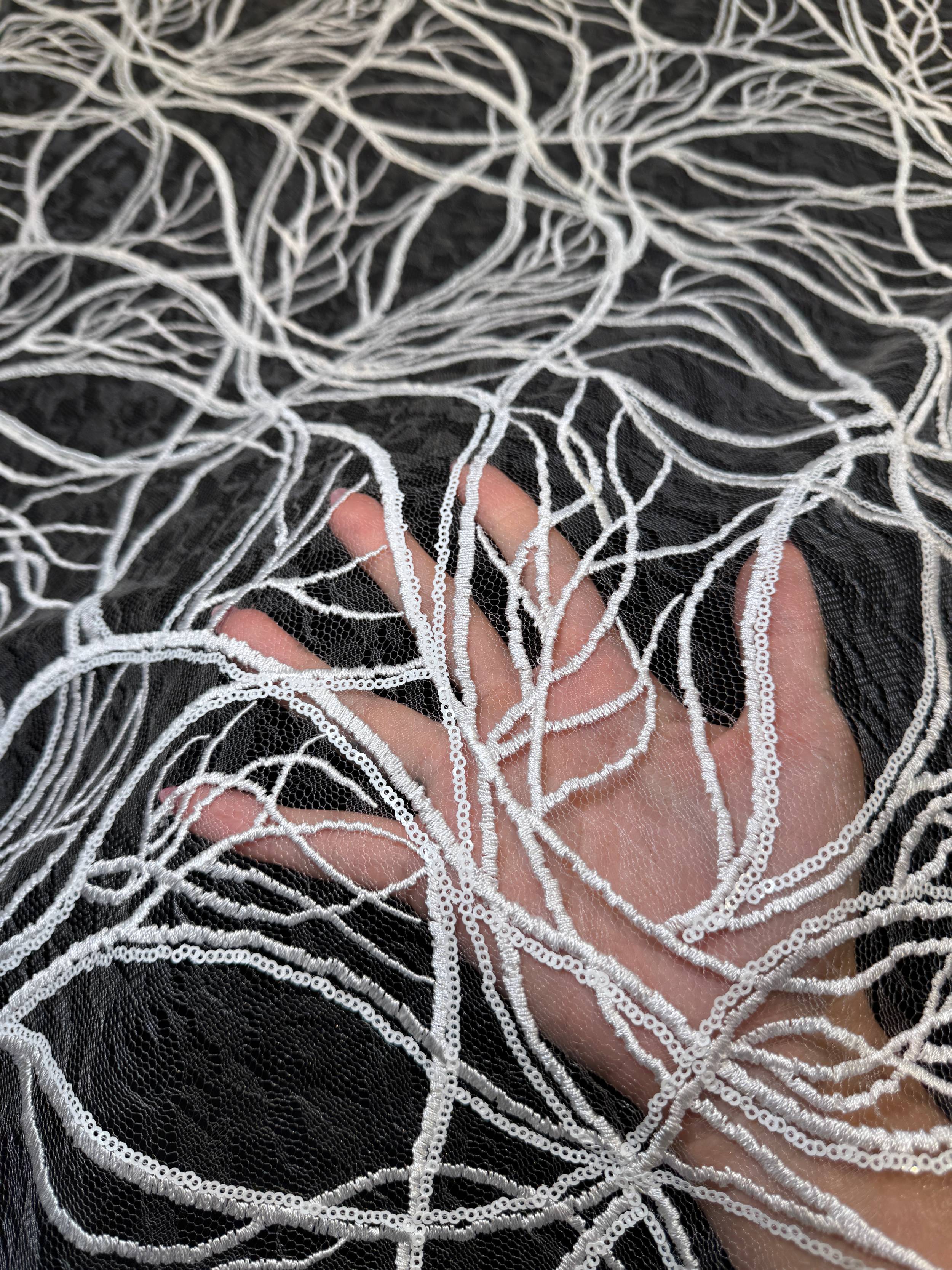 White Infinity Web Sequin Embroidered Mesh, Kiki Sewing Store, Kiki Luxury Fabric, Cheap Fabric Store, Kiki Textiles, Kiki Textile by the Yard, Kiki Textile USA