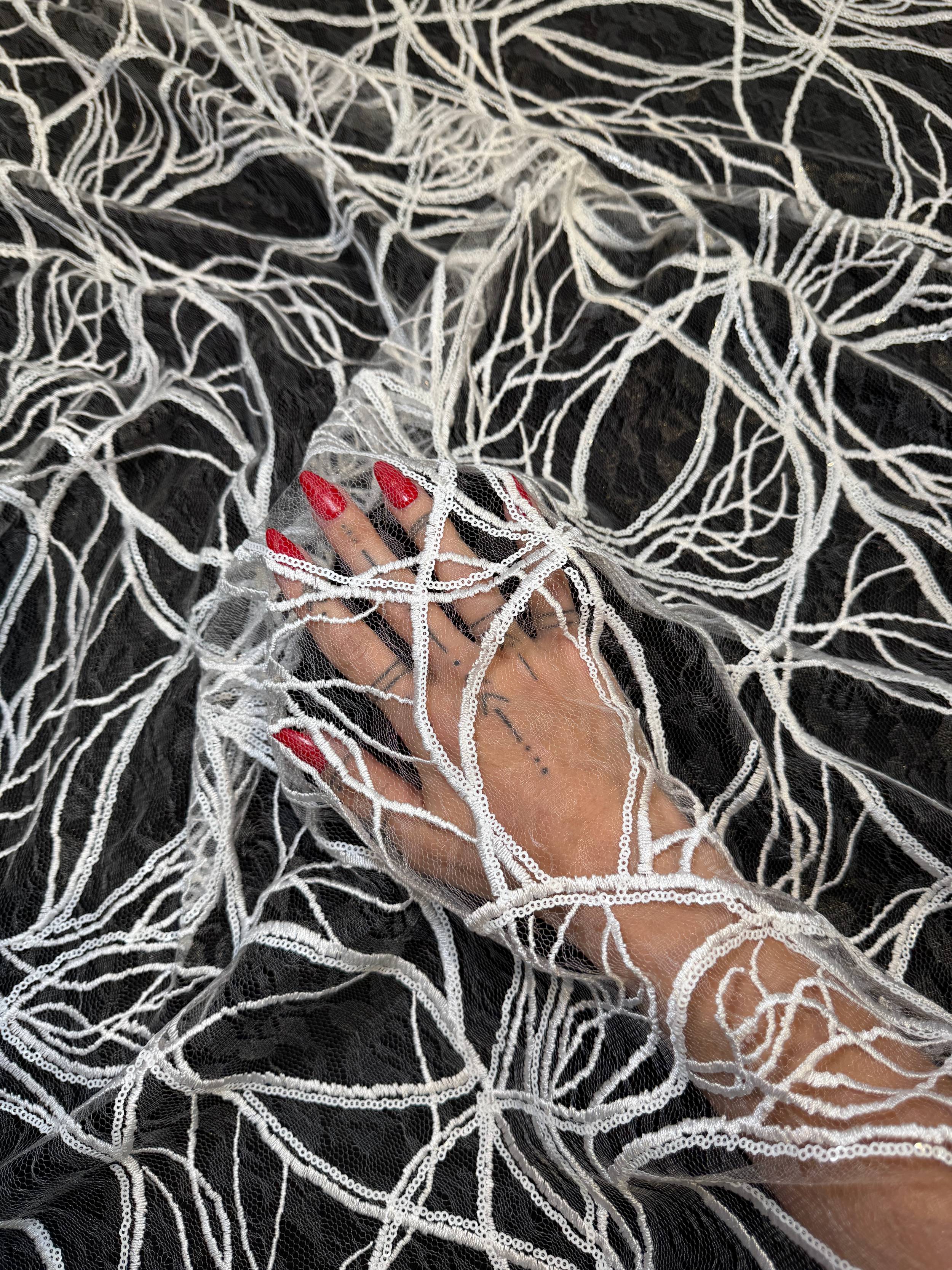 White Infinity Web Sequin Embroidered Mesh, Kiki Sewing Store, Kiki Luxury Fabric, Cheap Fabric Store, Kiki Textiles, Kiki Textile by the Yard, Kiki Textile USA