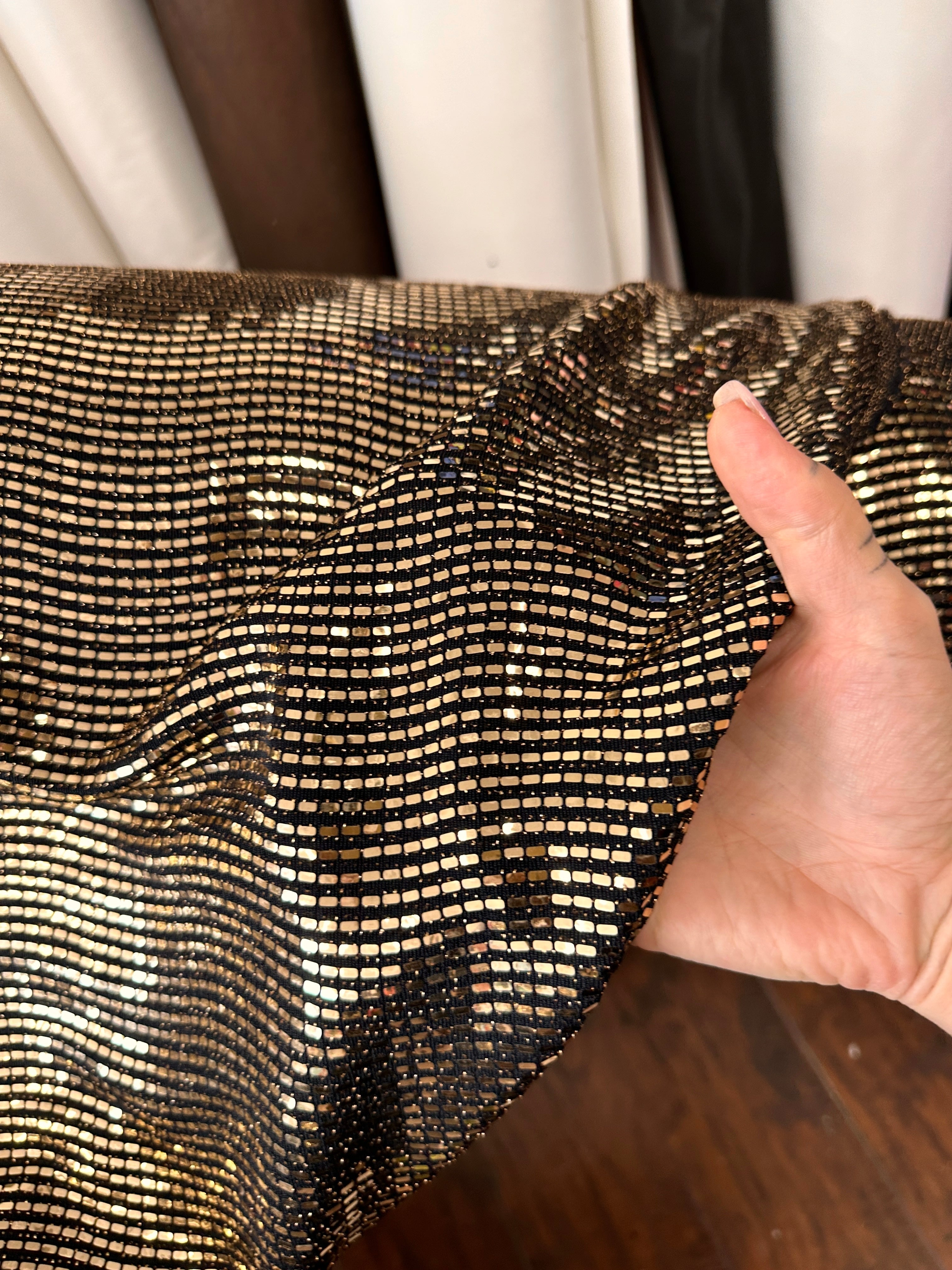 Gold Glimmery Flat Sequin Knit, Gold Disco Fabric, Stretch Metallic Spandex Sequin Fabric, sequin knit for woman, sequin knit for bride, sequin knit for party wear, sequin knit on discount, sequin knit on sale, premium sequin knit, buy sequin knit online