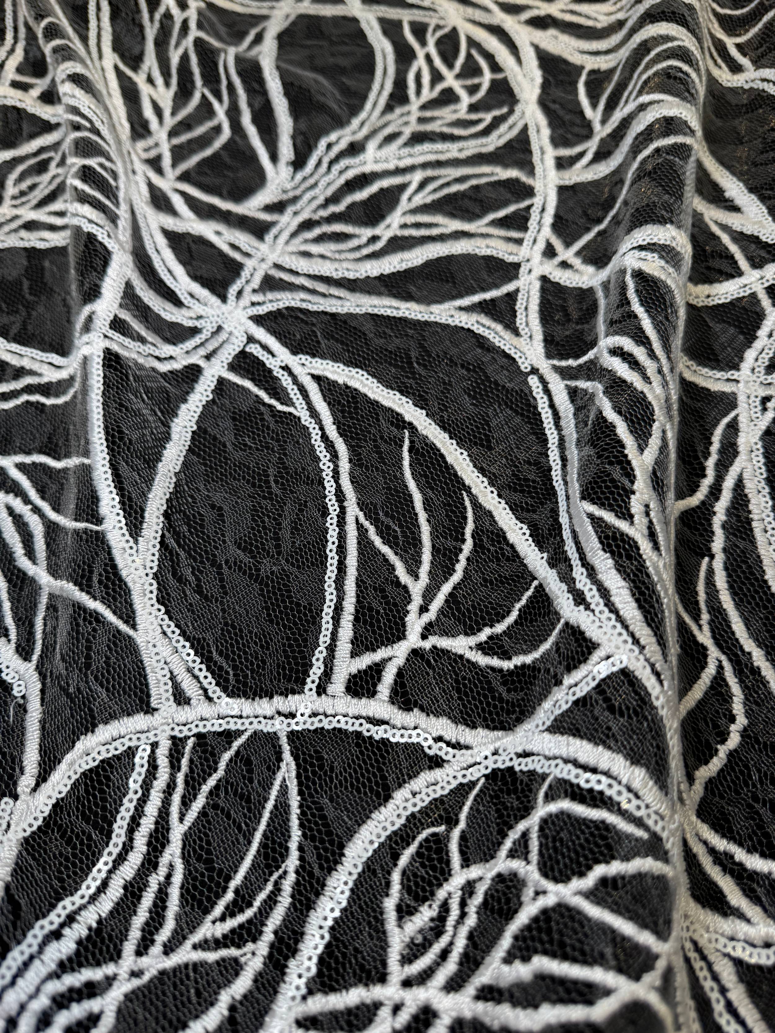 White Infinity Web Sequin Embroidered Mesh, Embroidered Mesh Fabric, Stretch Mesh Lace, Sequin Embroidered Fabric, Sheer Sequin Fabric, Web Lace Fabric, Infinity Lace Fabric