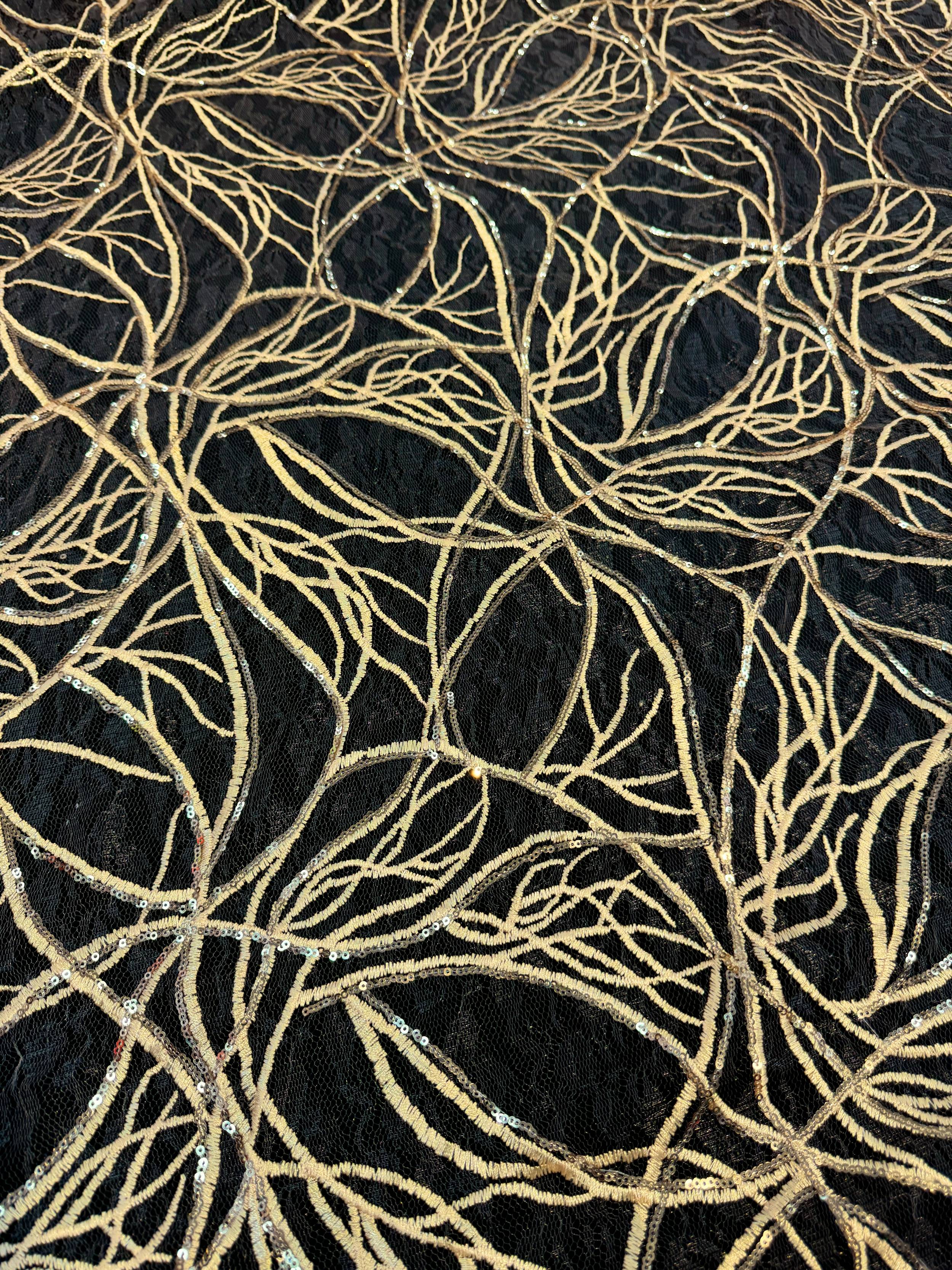Gold Infinity Web Sequin Embroidered Mesh, Kiki Sewing Store, Kiki Luxury Fabric, Cheap Fabric Store, Kiki Textiles, Kiki Textile by the Yard, Kiki Textile USA